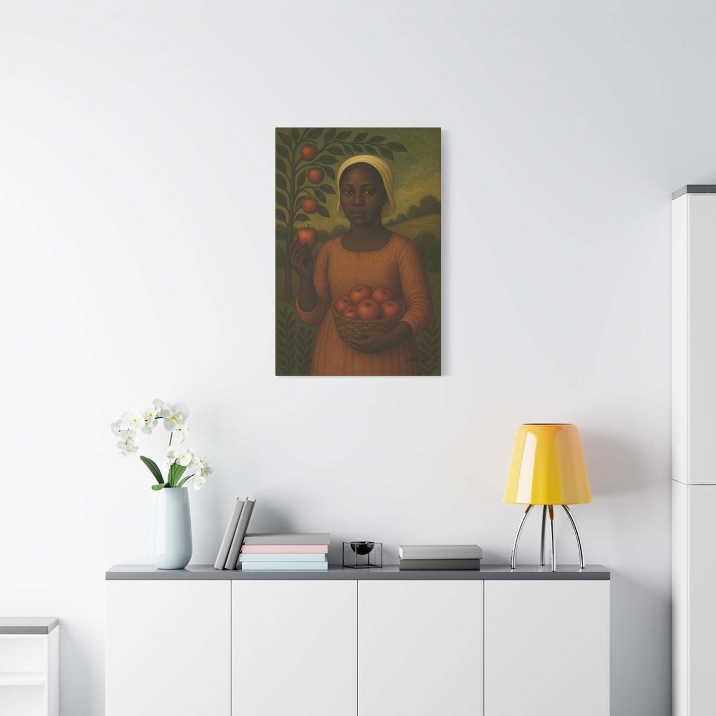 Autumn Harvest Primitive Folk Portrait of a Woman with Apples