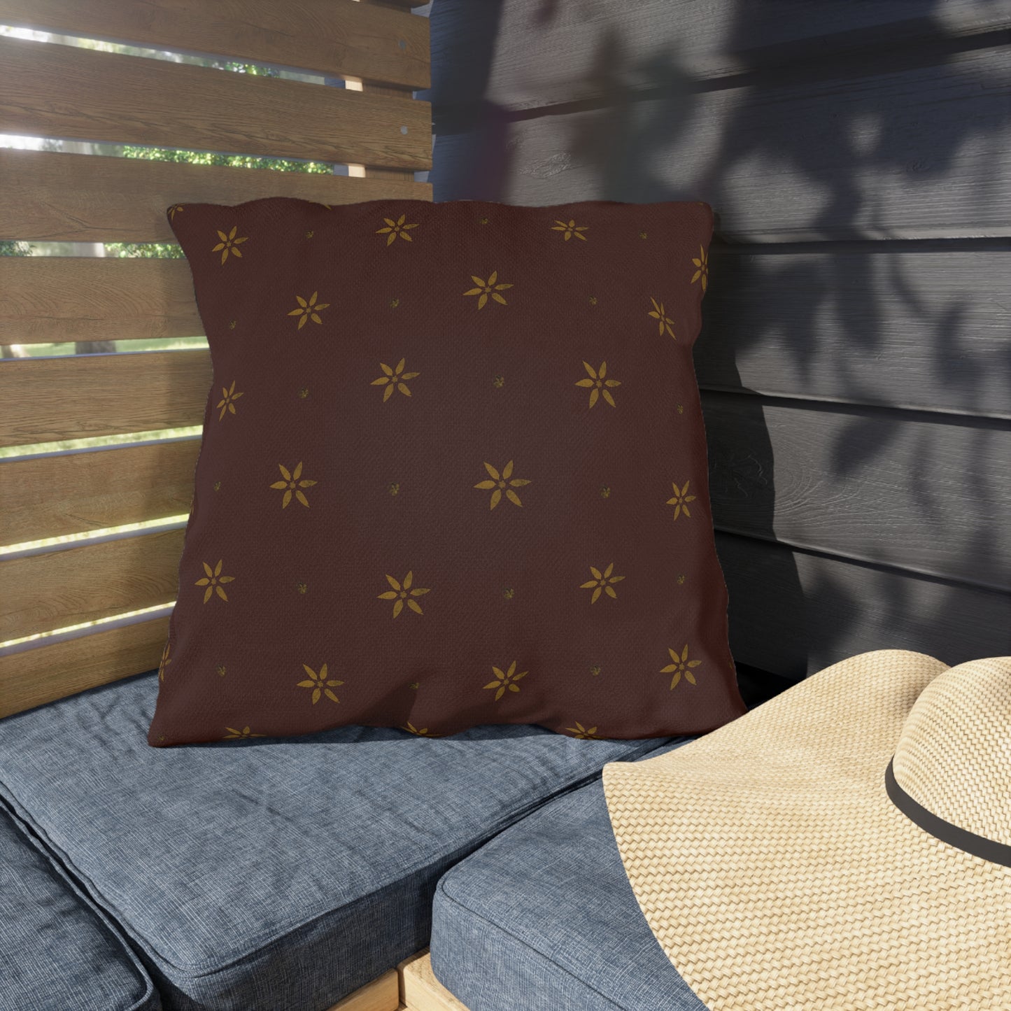 Mustard Petals on Red Early American Stencil Outdoor Pillows