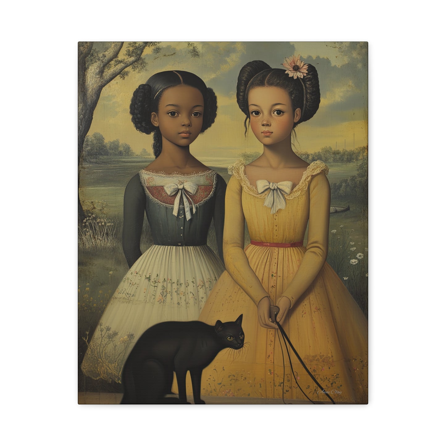 Canvas Wall Art, Timeless Sisters and Black Cat Portrait, Home Decor, Art Gift for Her, Vintage-Inspired Decoration