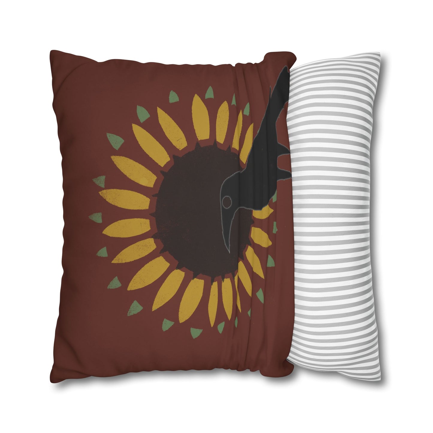 Crow and Sunflower Stencil on Red Square Poly Canvas Pillowcase
