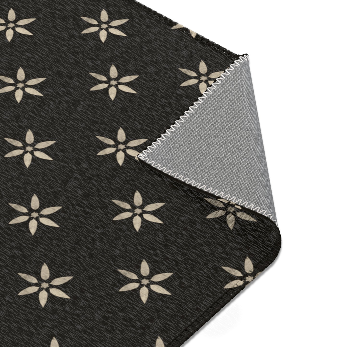 Large Cream Stencil Petals on Black Stylish Floral Area Rug, Cozy Home Decor, Modern Living Room Accent,