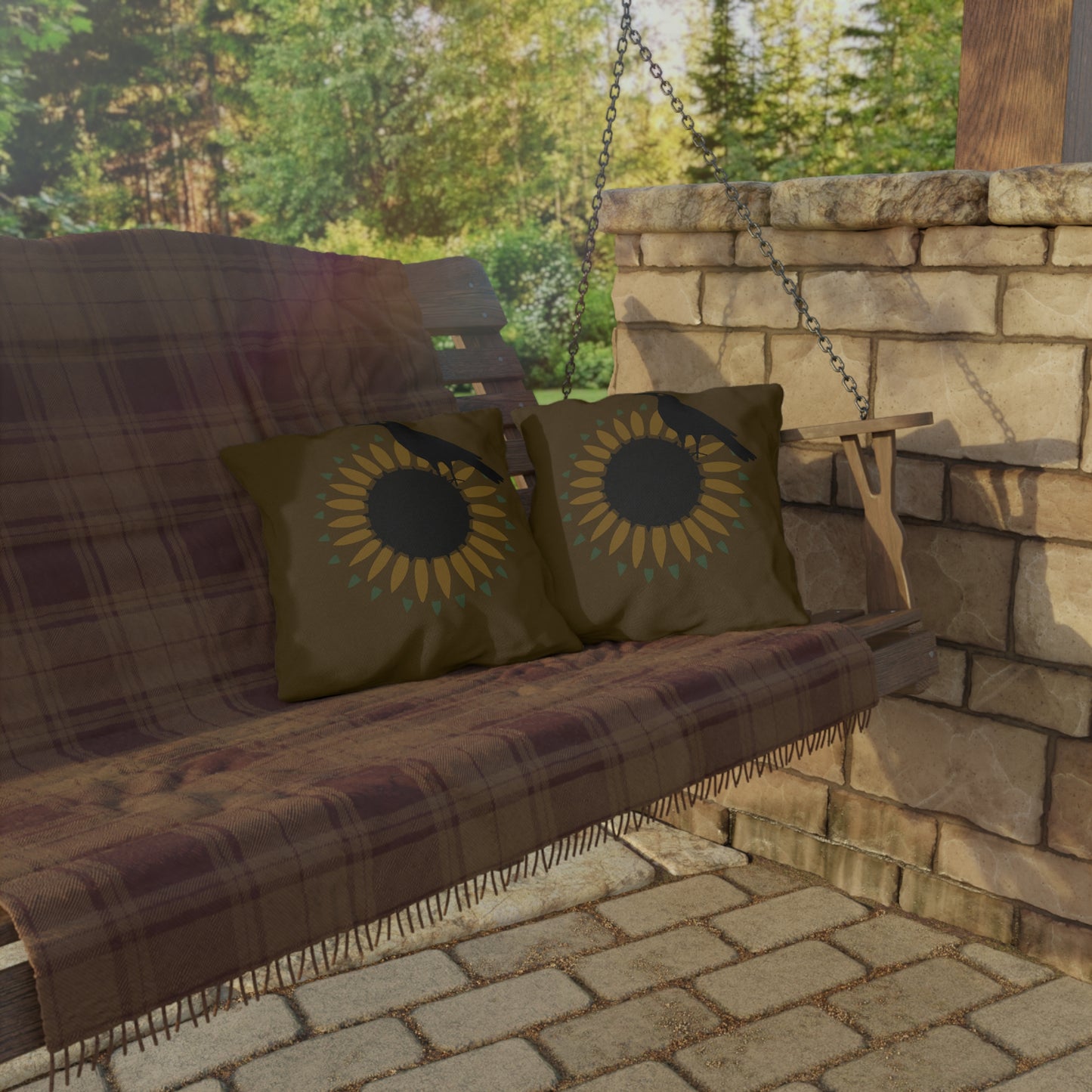 Sunfloer and Crow on Deep Putty Outdoor Pillows