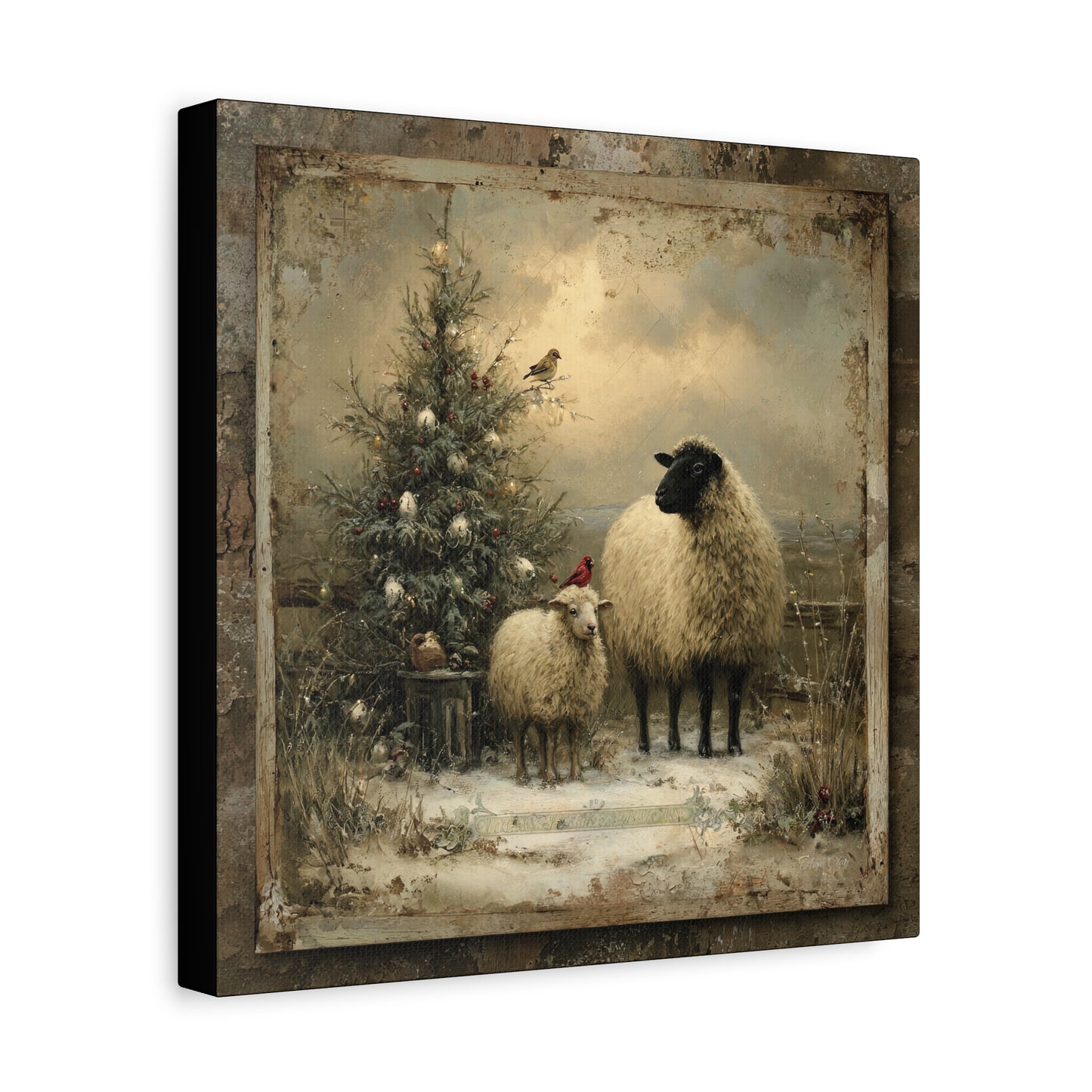 Rustic Sheep Art Canvas Print, Farmhouse Decor, Holiday Wall Art, Cozy Home Vibe, Christmas Sheep Painting, Farmhouse Wall Art