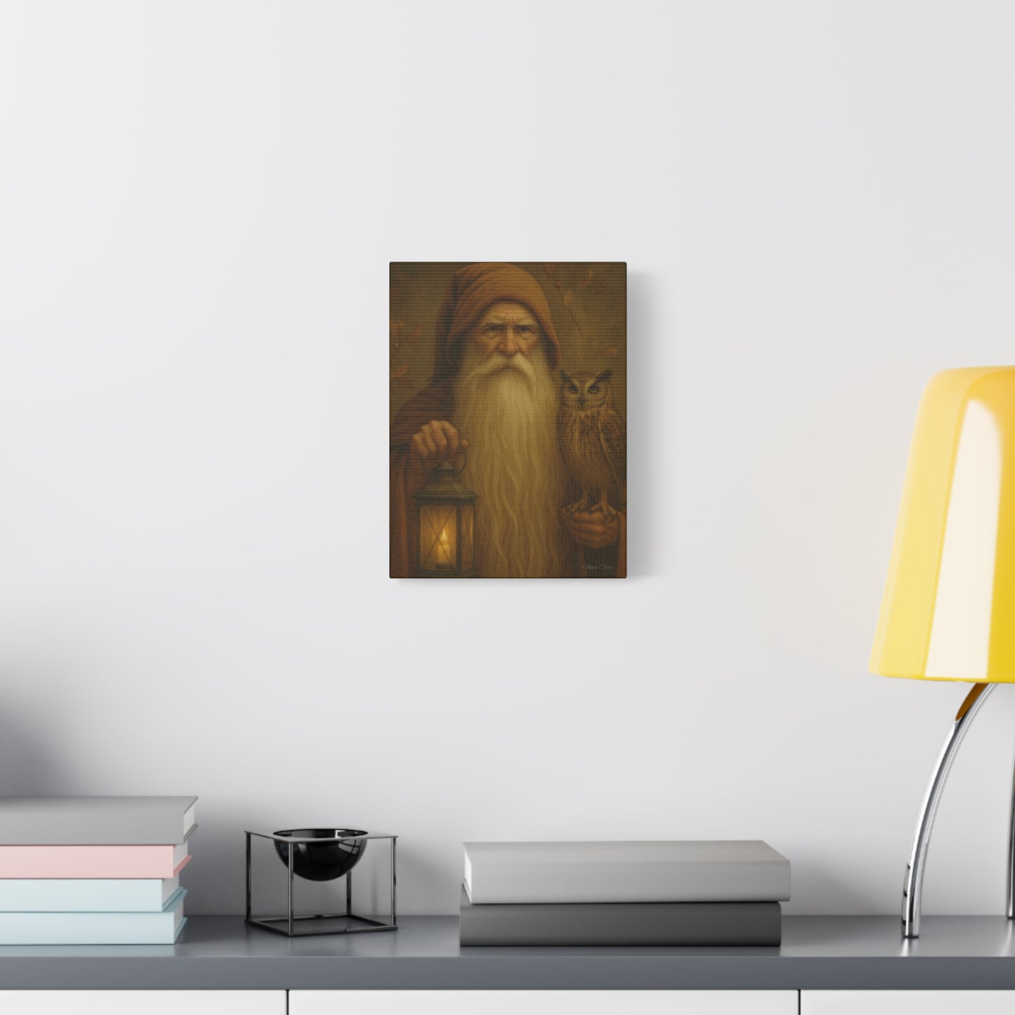 Mystical Canvas Wall Art, Nature Decor, Wizard Artwork, Rustic Home Decor, Owl and Lantern Painting