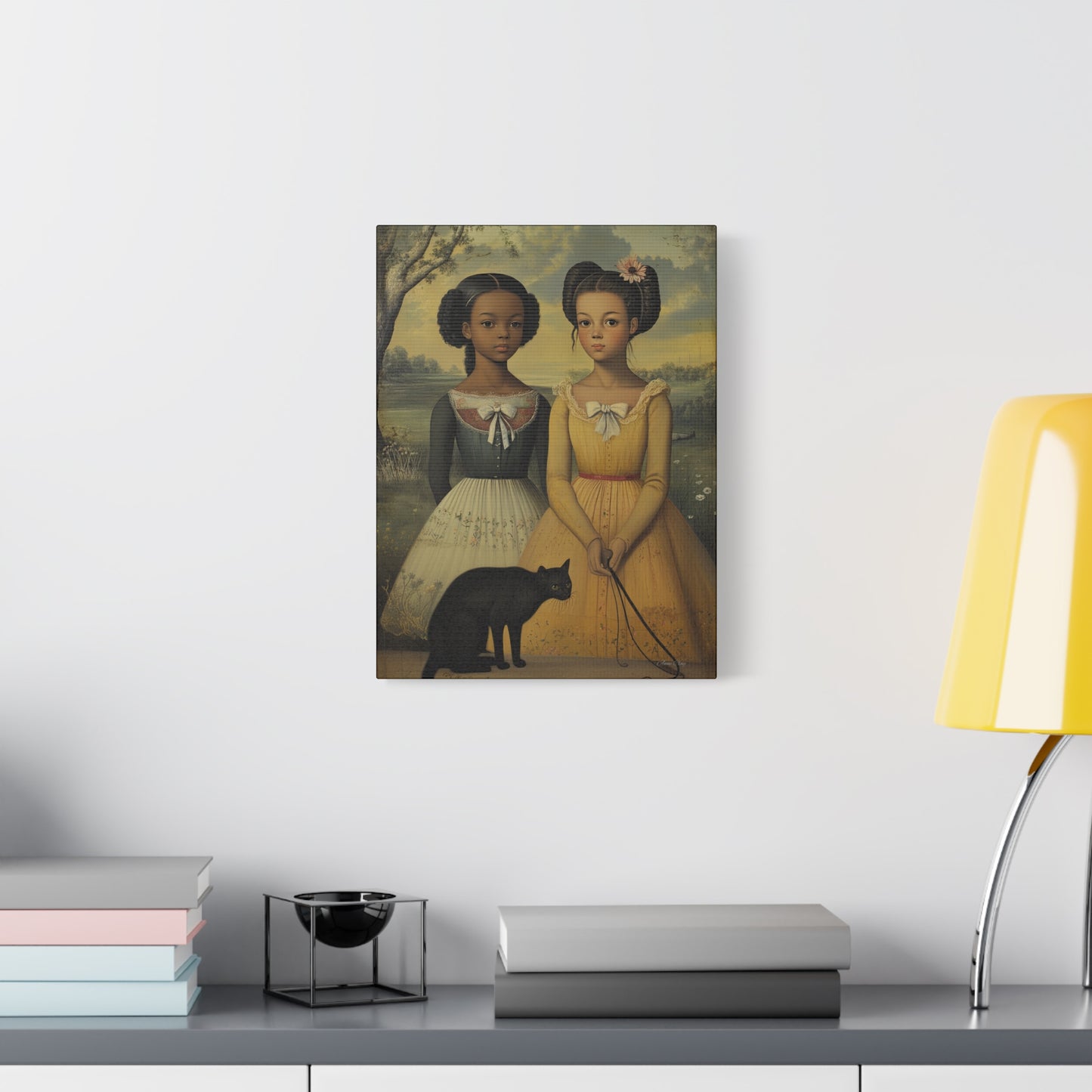 Canvas Wall Art, Timeless Sisters and Black Cat Portrait, Home Decor, Art Gift for Her, Vintage-Inspired Decoration