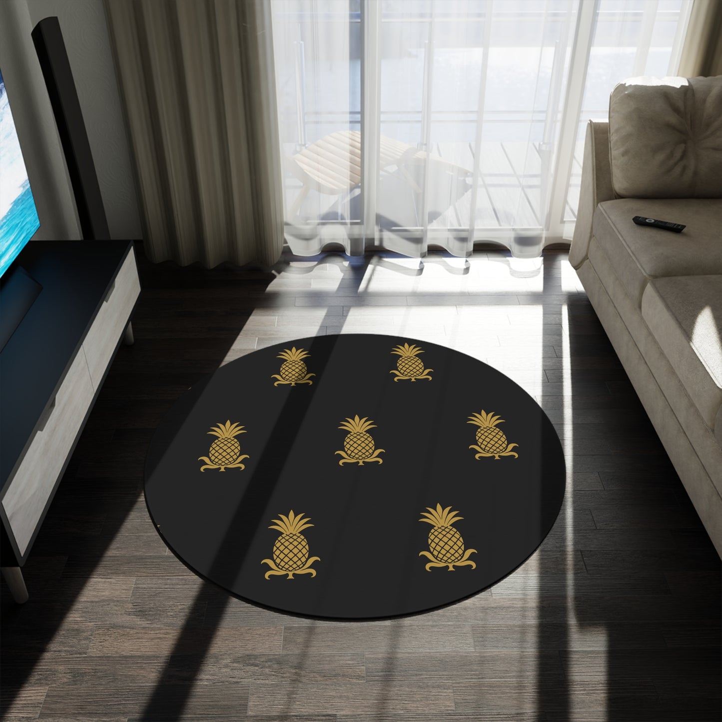 Gold Pineapple Round Rug for Modern Homes, Stylish Area Rug, Unique Décor, Beach House Accessory, Holiday Gift Idea