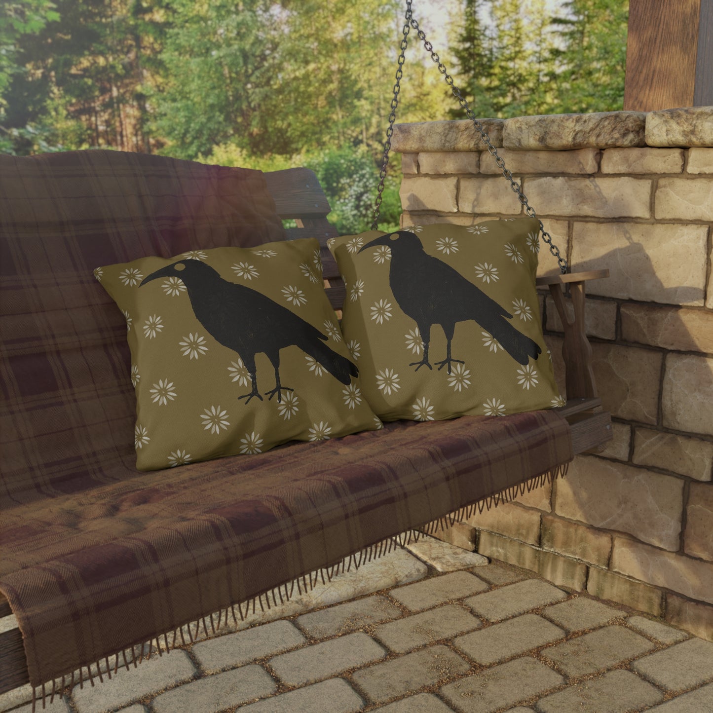 Crow on Petal Stencil Outdoor Pillows