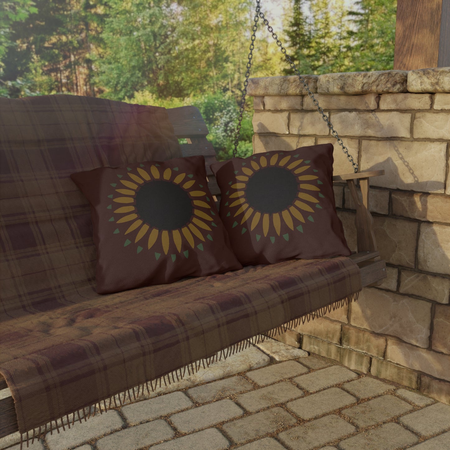 Sunflower on Country Red Stencil Early American Outdoor Pillows