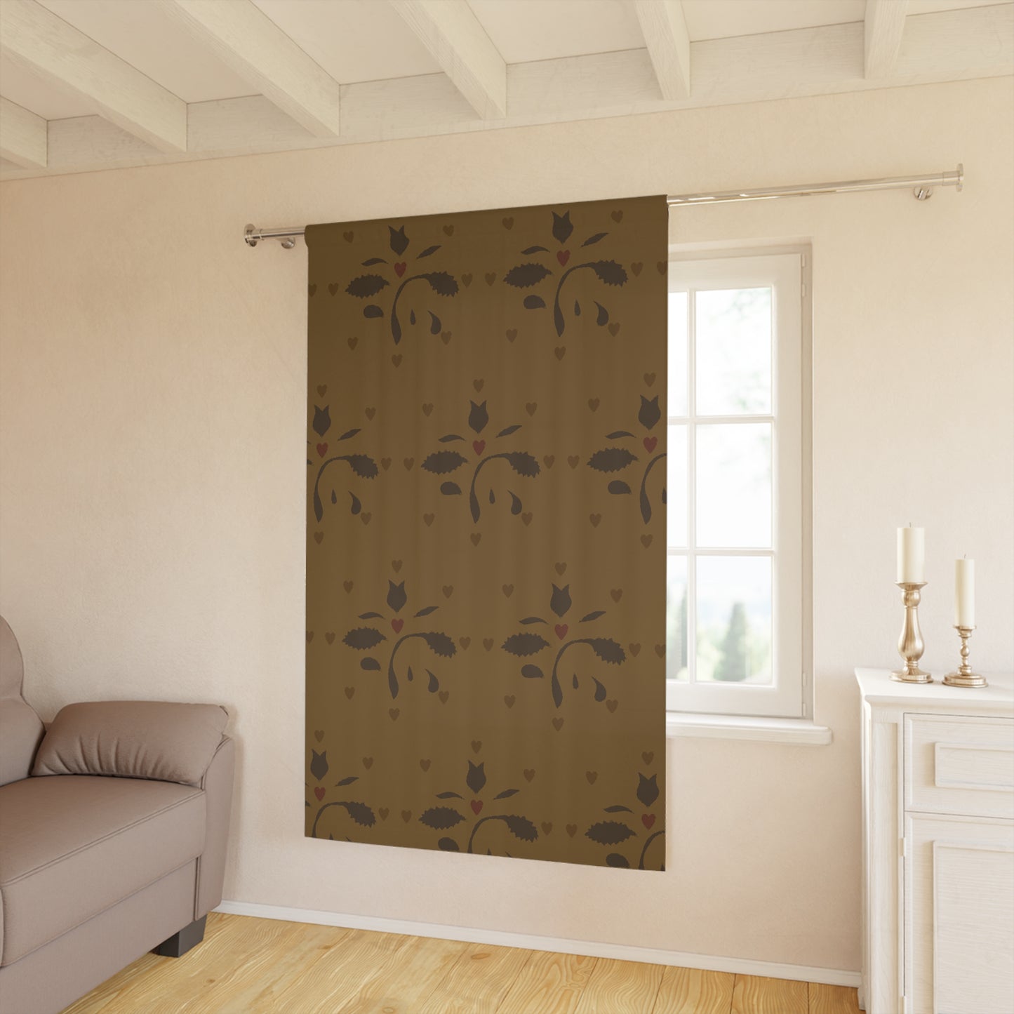 Early American Stencil Shades of Brown and Gold Elegant Floral Window Curtain – Brown Botanical Design