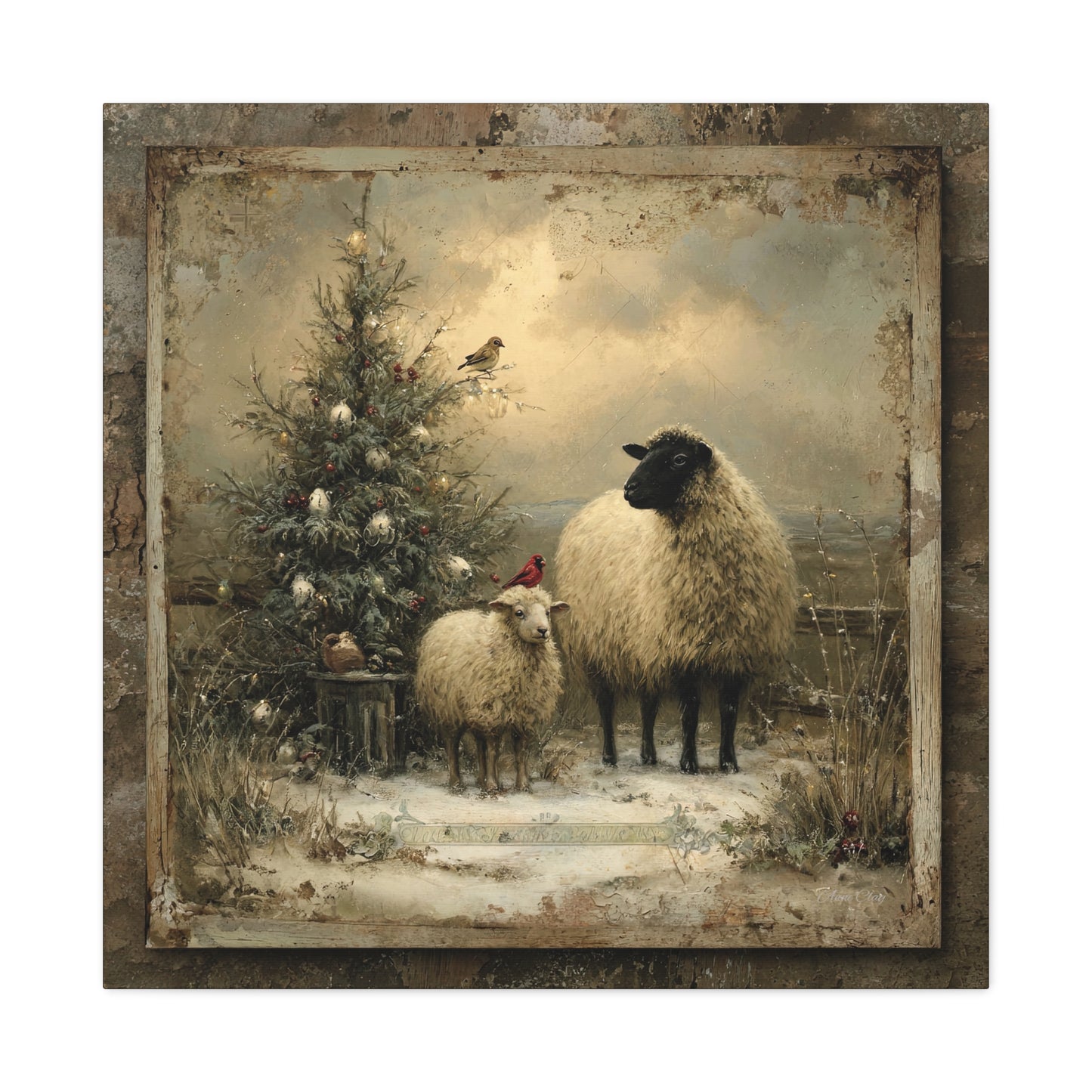 Rustic Sheep Art Canvas Print, Farmhouse Decor, Holiday Wall Art, Cozy Home Vibe, Christmas Sheep Painting, Farmhouse Wall Art
