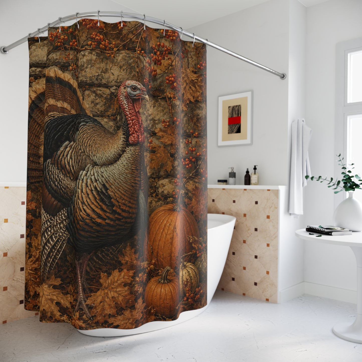 Thanksgiving Turkey Shower Curtain — Autumn Pumpkin & Rustic Fall Bathroom Decor