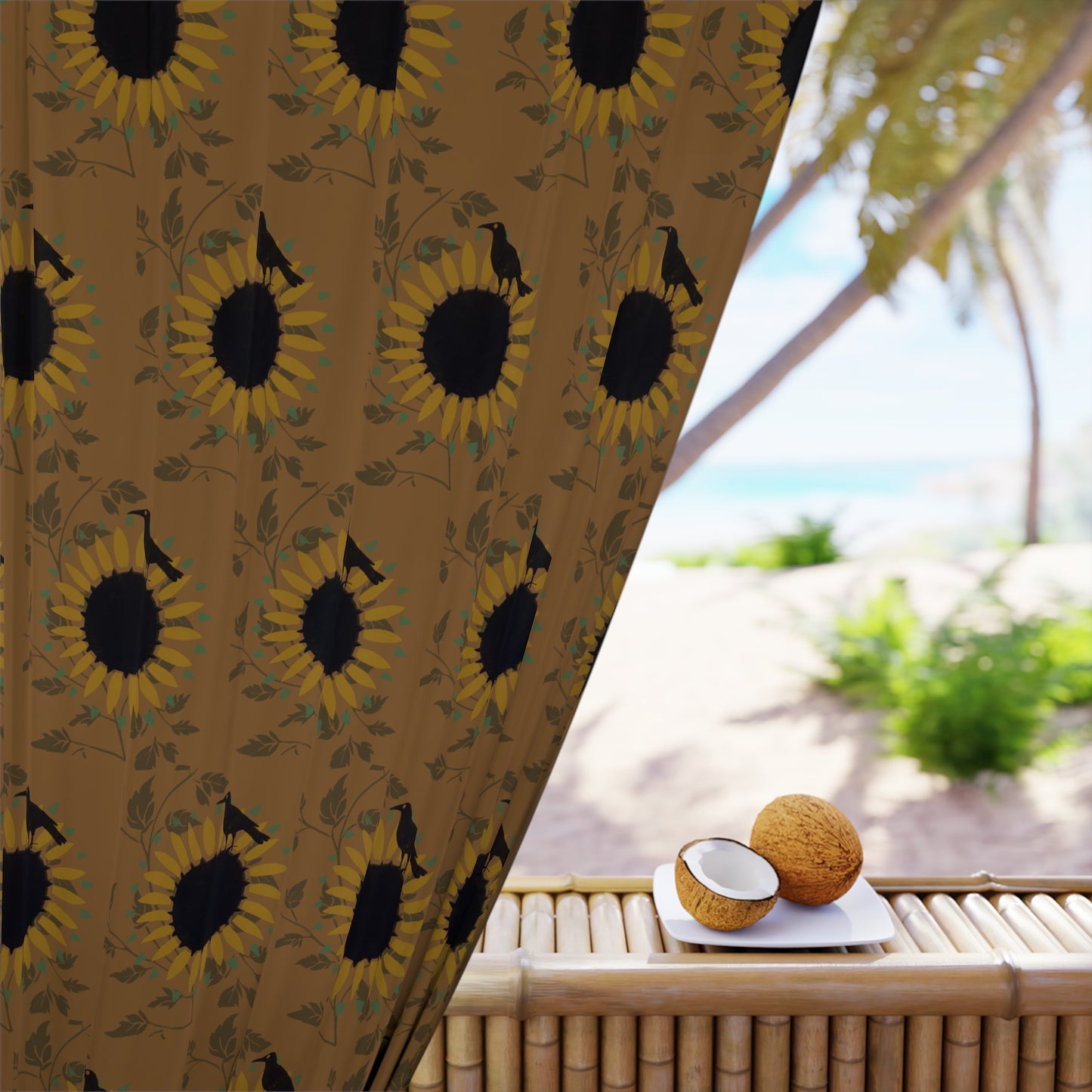 Sunflowers and Crows on Dark Gold Window Curtains (1 Piece)