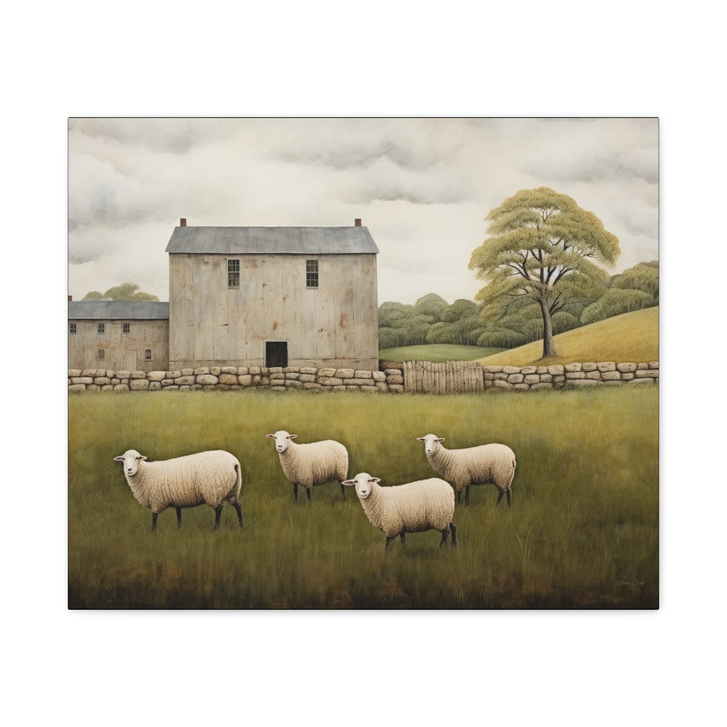 Rustic Farmhouse Canvas Wall Art with Sheep Landscape