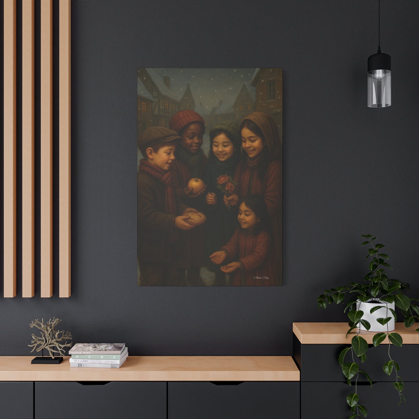 Spirit of Christmas, Open Arms, Sharing Festive Canvas Art Print: Joyful Winter Children Scene