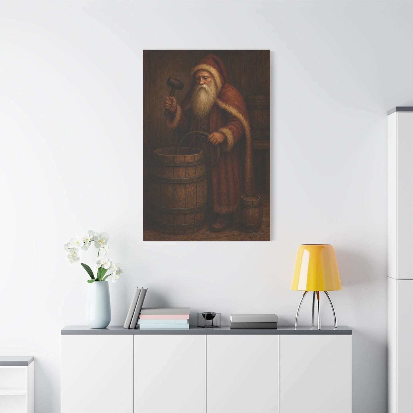 Rustic Santa Canvas Art, Cooper, Barrel, Colonial