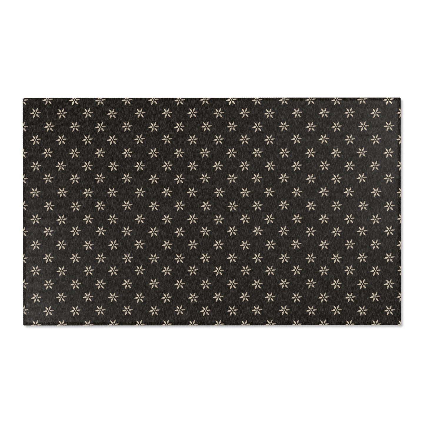 Cream Petal Stencil on Black Stylish Floral Area Rug, Boho Home Decor, Modern Living Room Accent, Vintage Area Mat,