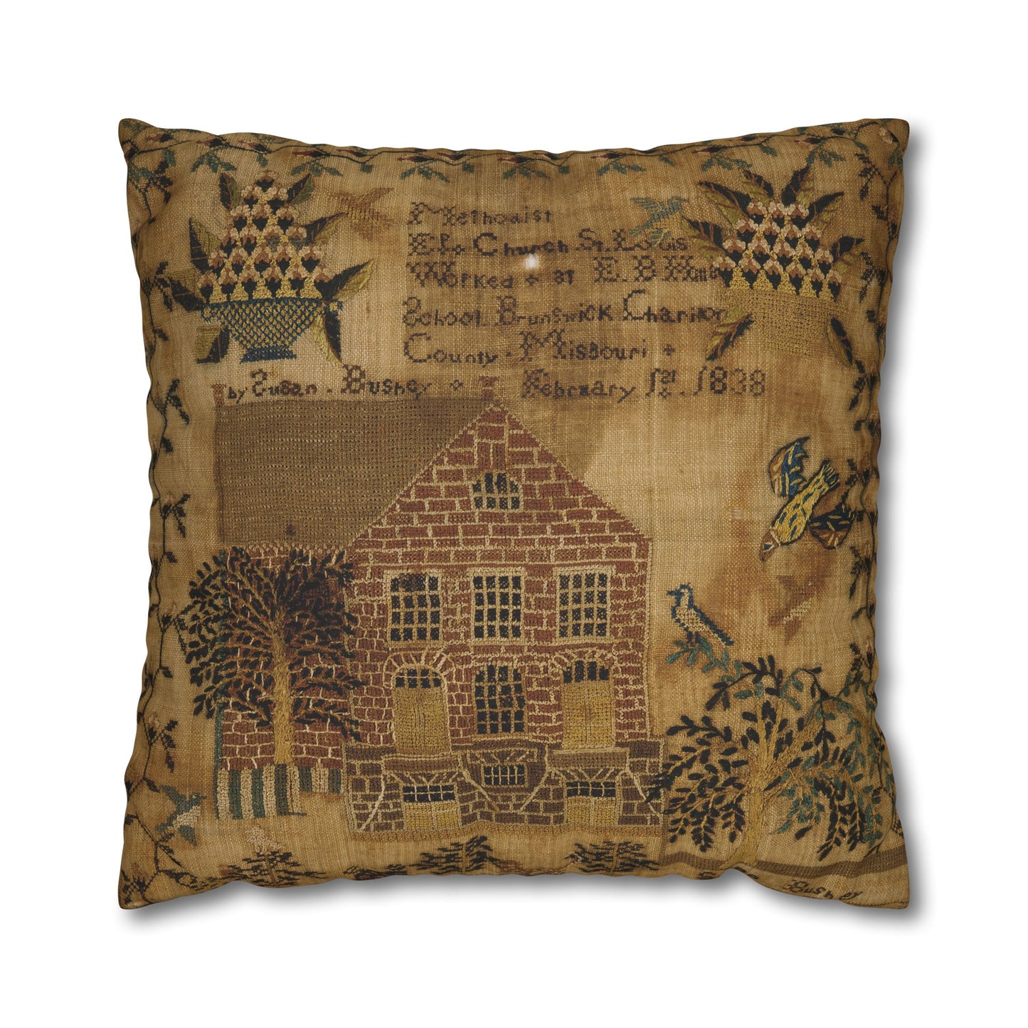 Vintage-Inspired Square Poly Canvas Pillowcase - Rustic Home Decor with Historic Schoolhouse Design