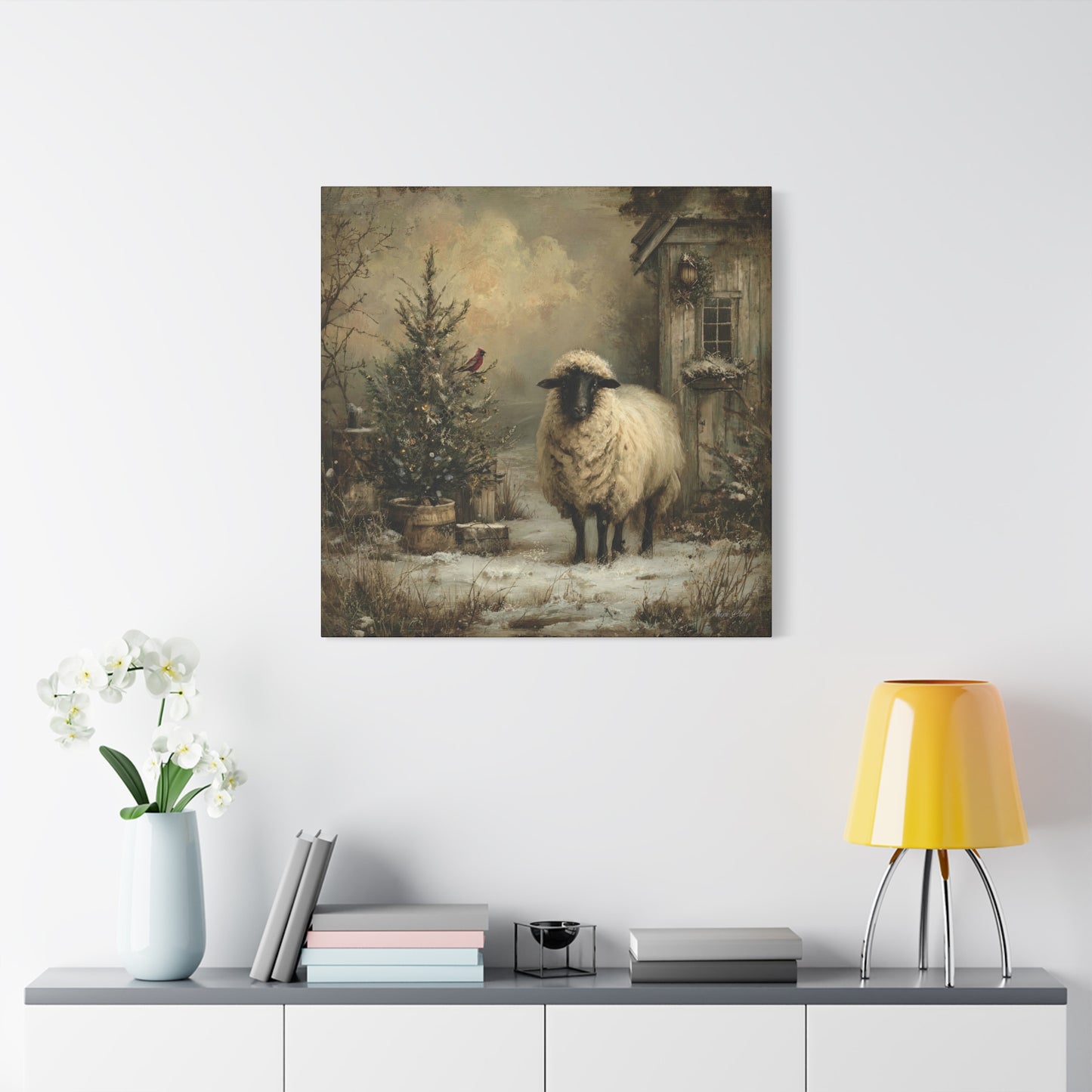 Cozy Farmhouse Canvas Print, Rustic Home Decor, Christmas Wall Art, Sheep Artwork, Winter Landscape Decor, Gift for Animal Lovers