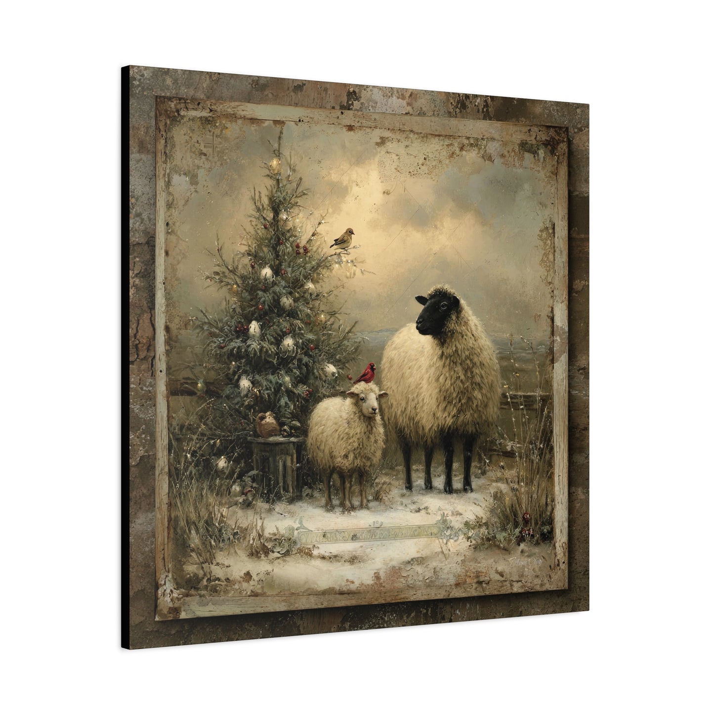 Rustic Sheep Art Canvas Print, Farmhouse Decor, Holiday Wall Art, Cozy Home Vibe, Christmas Sheep Painting, Farmhouse Wall Art