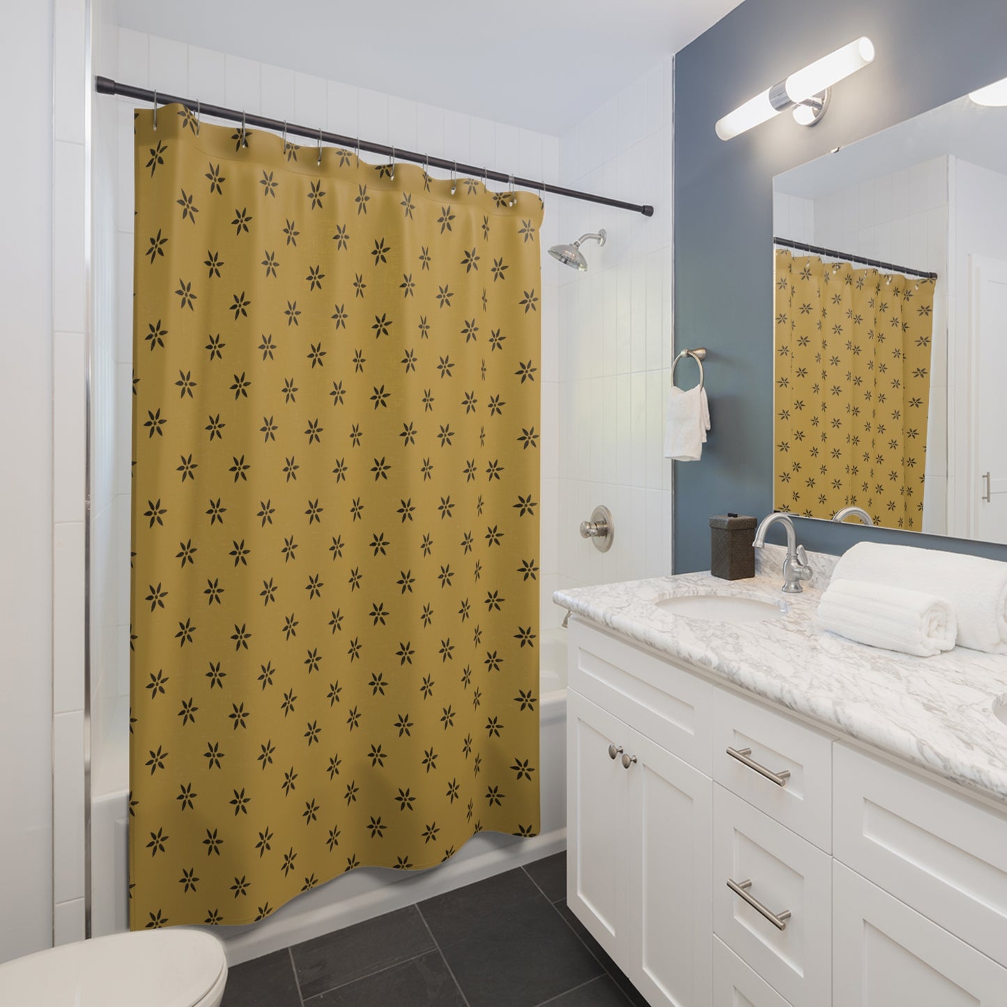 Black on gold stencil. Shower Curtains