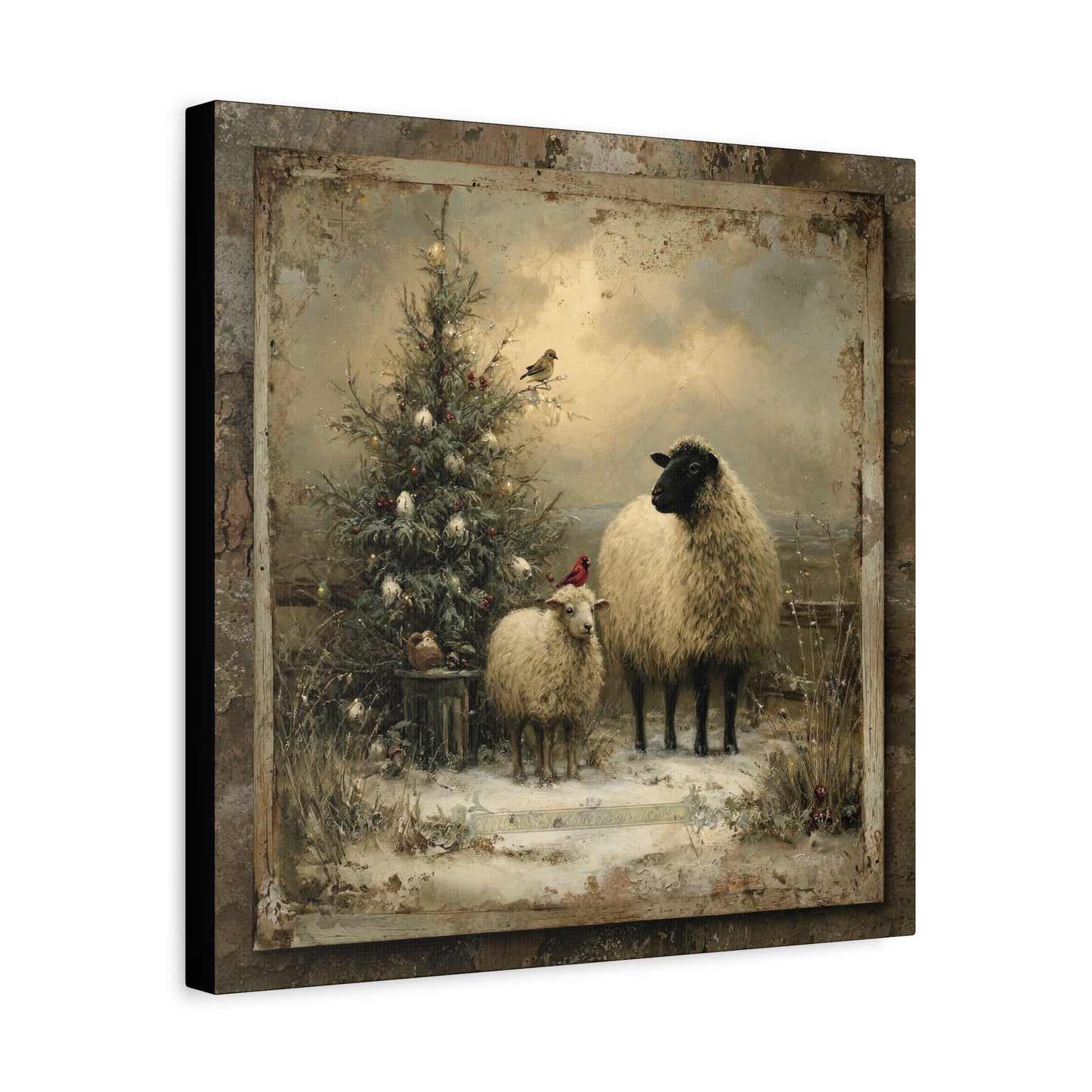 Rustic Sheep Art Canvas Print, Farmhouse Decor, Holiday Wall Art, Cozy Home Vibe, Christmas Sheep Painting, Farmhouse Wall Art