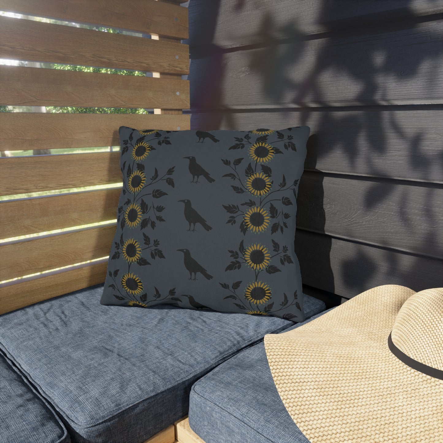 Sunflowers and Crows on Blue Outdoor Pillows