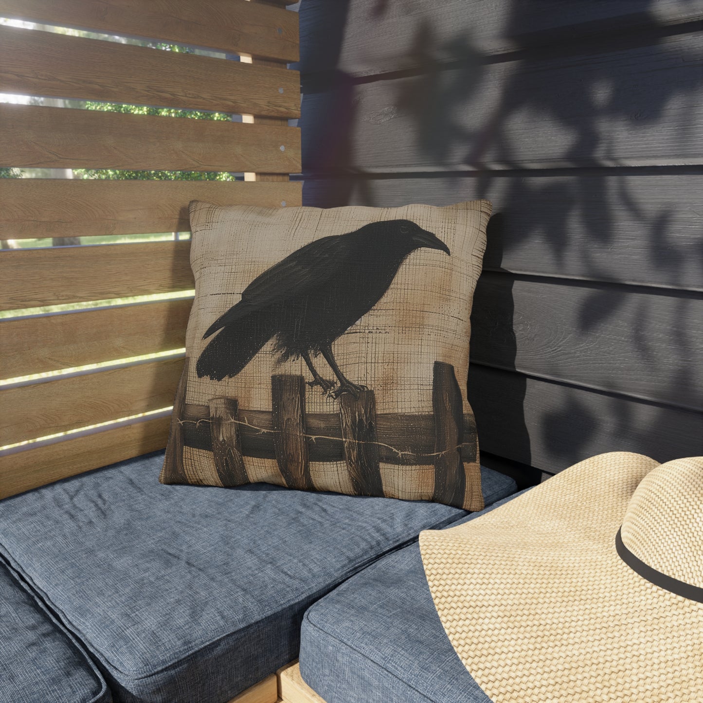 Black Crow on a Fence Outdoor Pillows