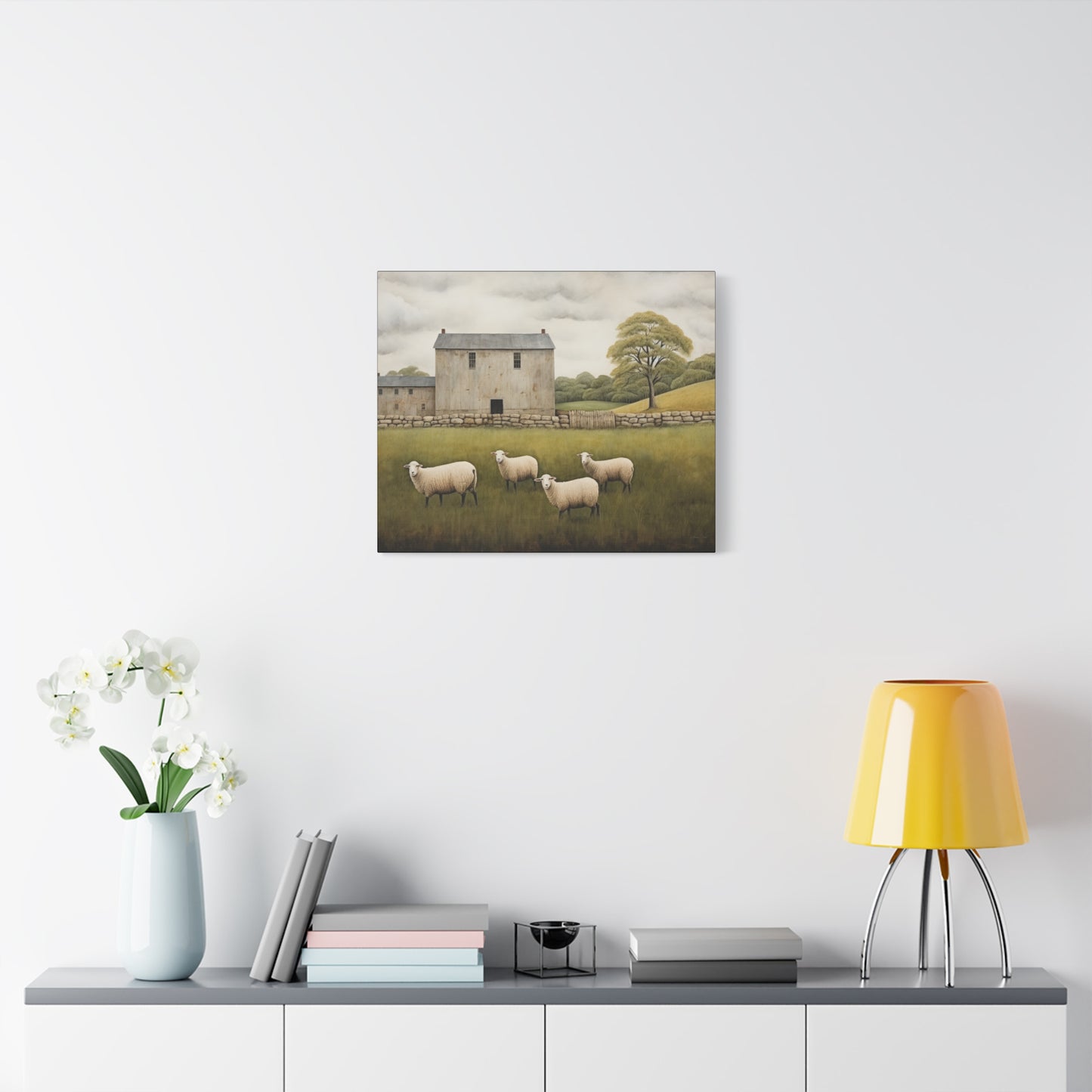 Rustic Farmhouse Canvas Wall Art with Sheep Landscape