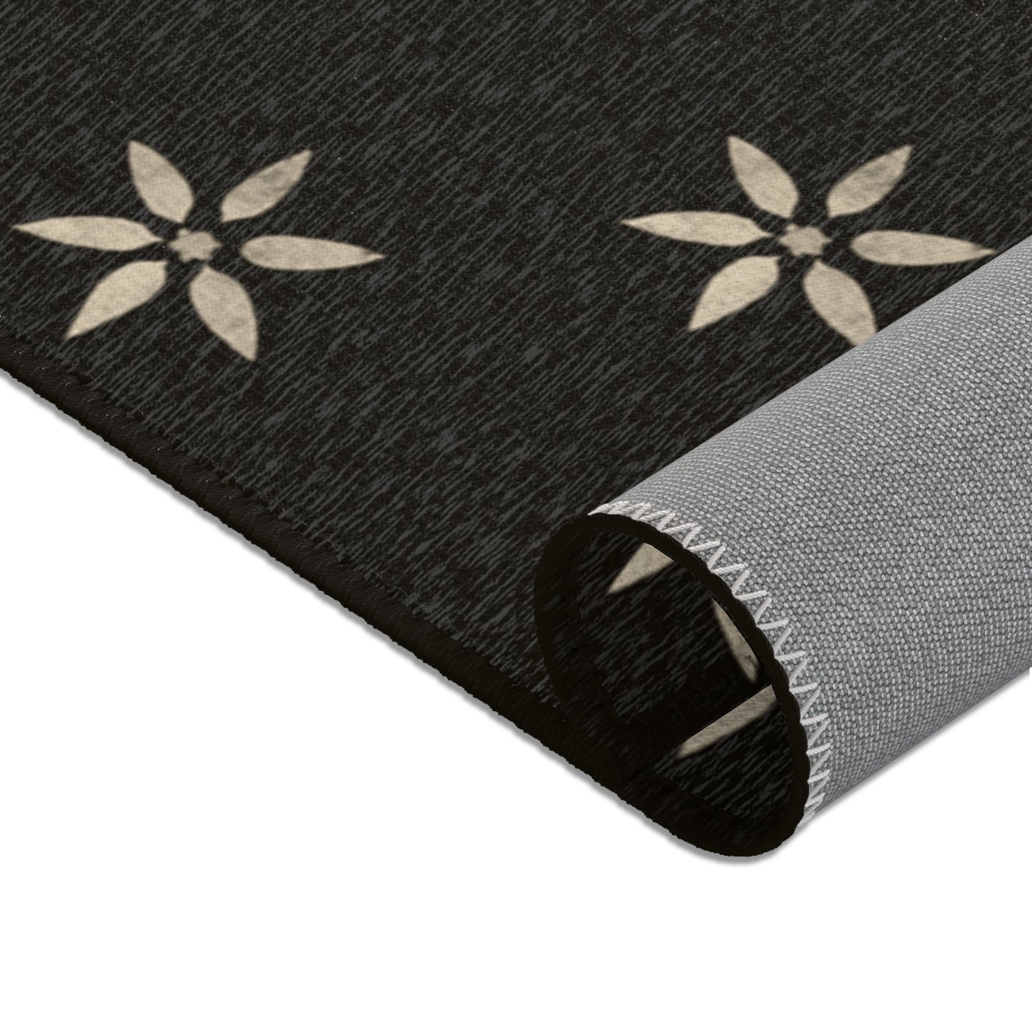 Large Cream Stencil Petals on Black Stylish Floral Area Rug, Cozy Home Decor, Modern Living Room Accent,