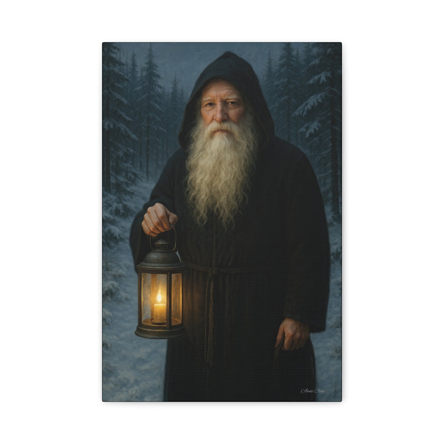 Old World Santa with Lantern Canvas Print, Wall Art, Home Decor, Cabin Vibes, Gift for Him, Rustic Wall Decor, Nature Lover's Gift