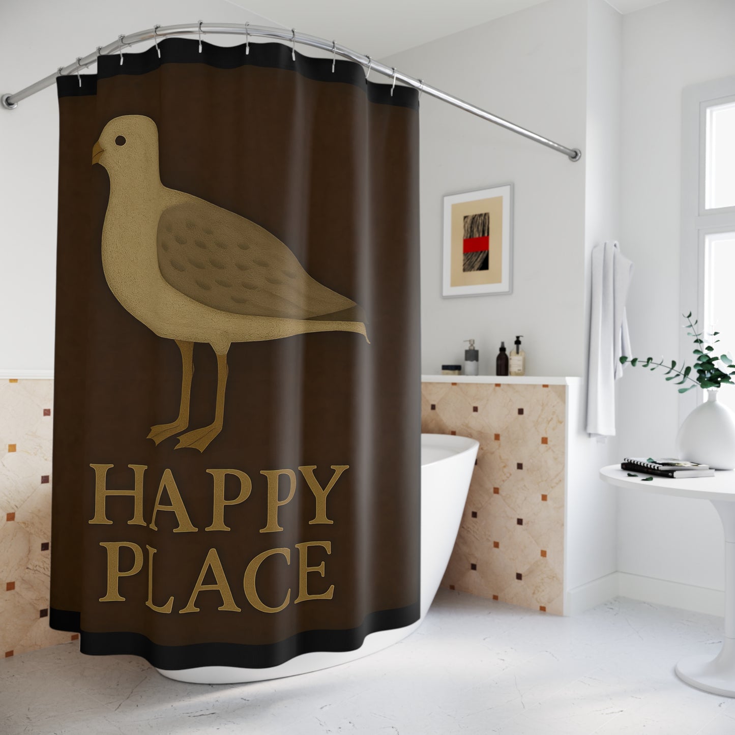 Cozy Shower Curtain with Bird Design - Happy Place Vibe, Bathroom Décor, Gift for Home, Rustic Style, Nature Lovers