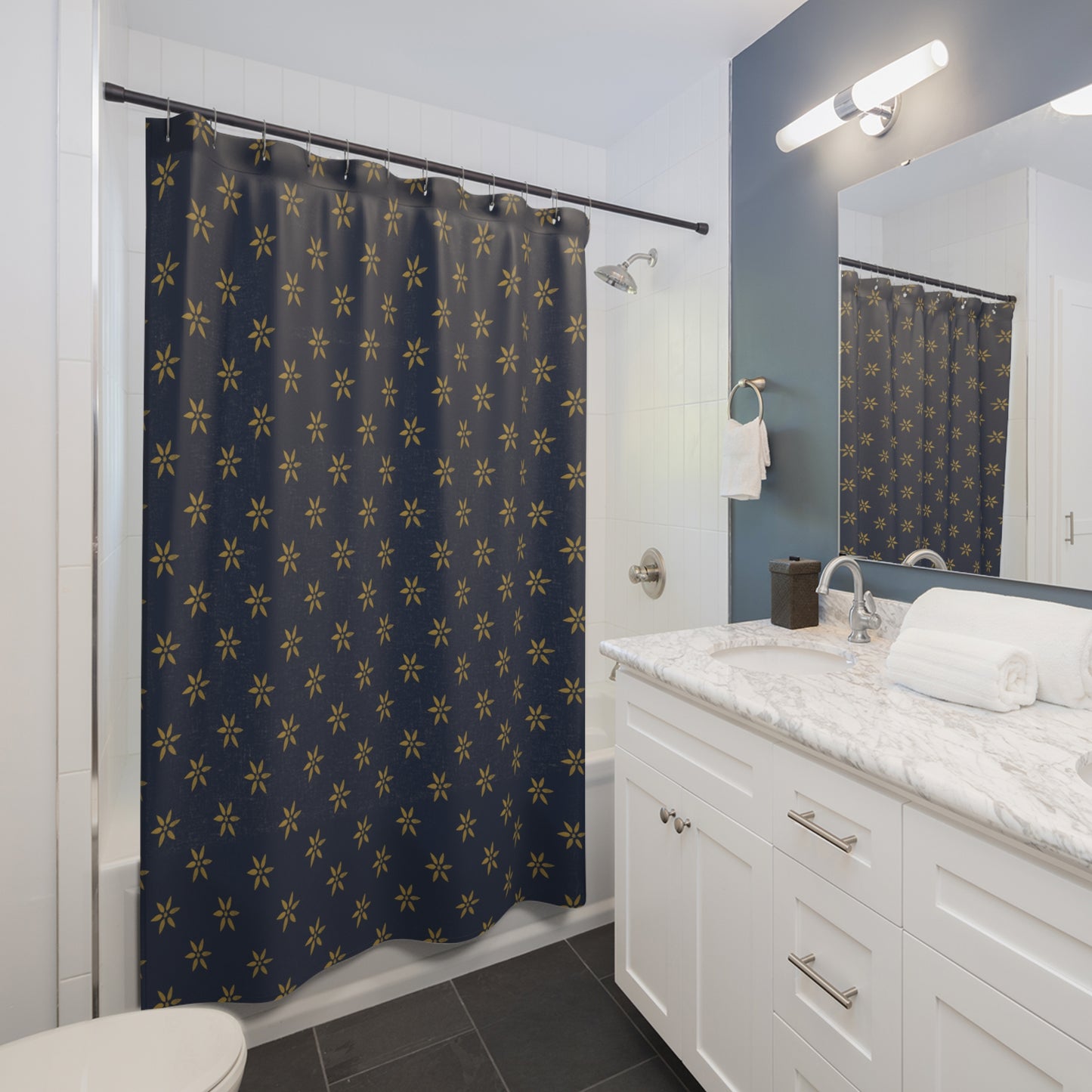 Mustard Yellow on True Blue Flower Stencil Shower Curtains
