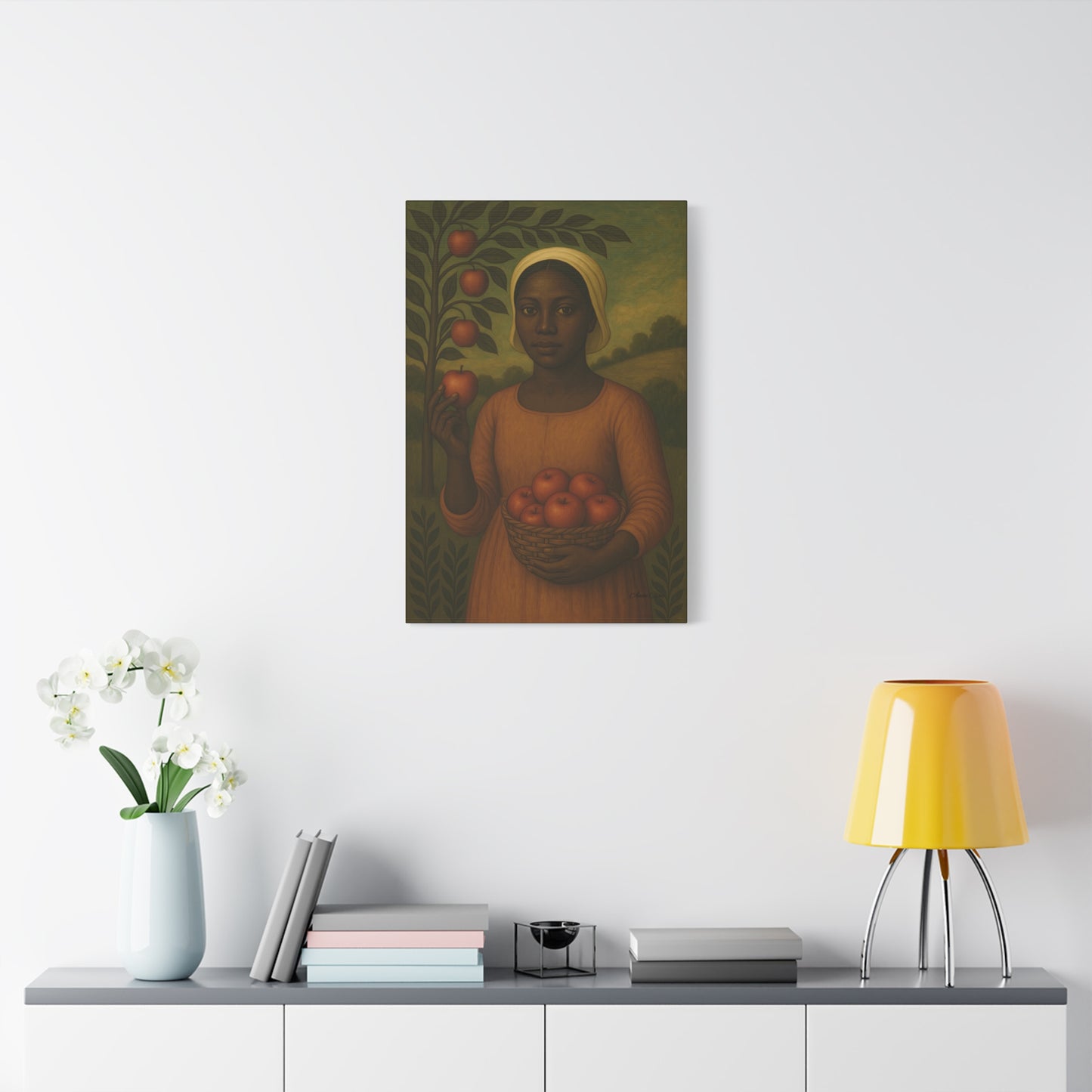 Autumn Harvest Primitive Folk Portrait of a Woman with Apples