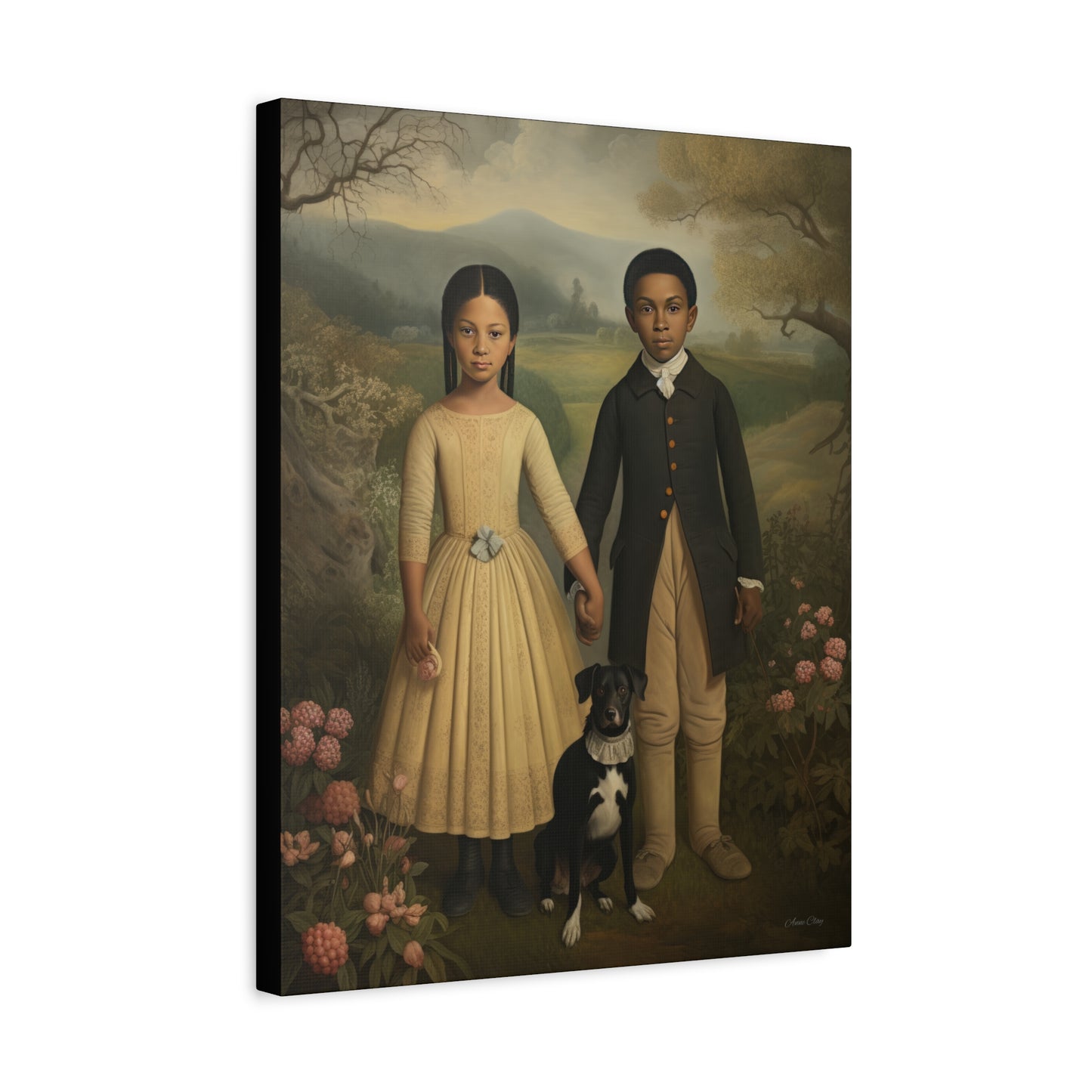 The Twins: Artistic Stretched Canvas Print - Vintage Children and Dog Portrait