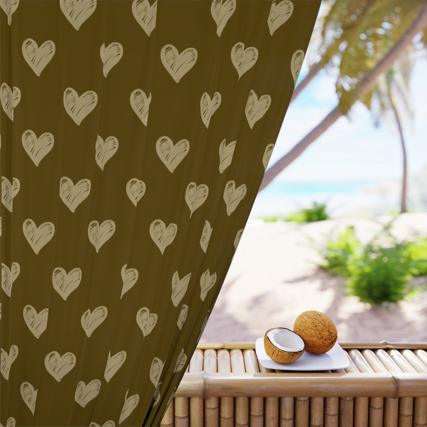 Cream Hearts on Greeny Gold Window Curtains (1 Piece)
