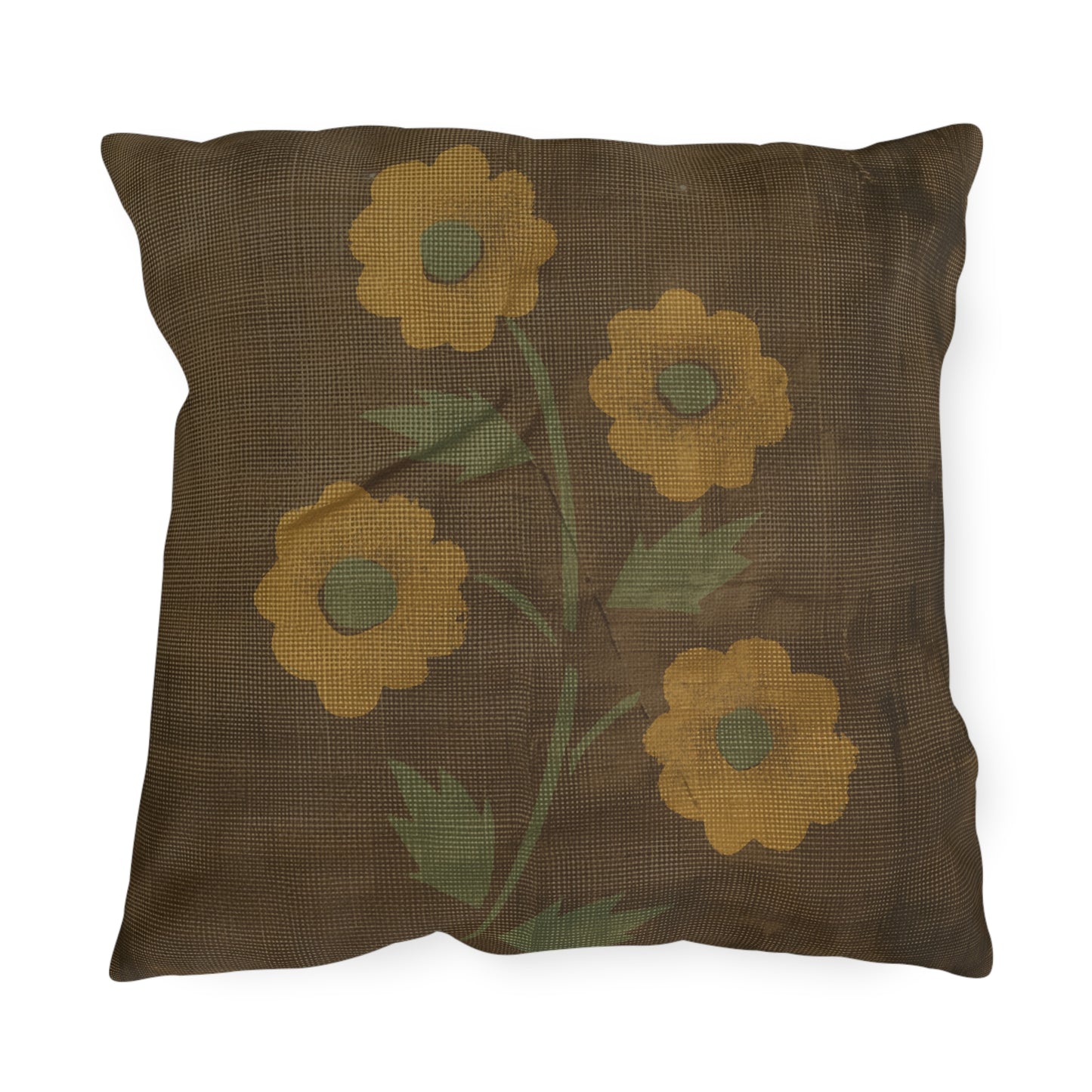 Primitive Distressed Stencil Flower on Brown Outdoor Pillows