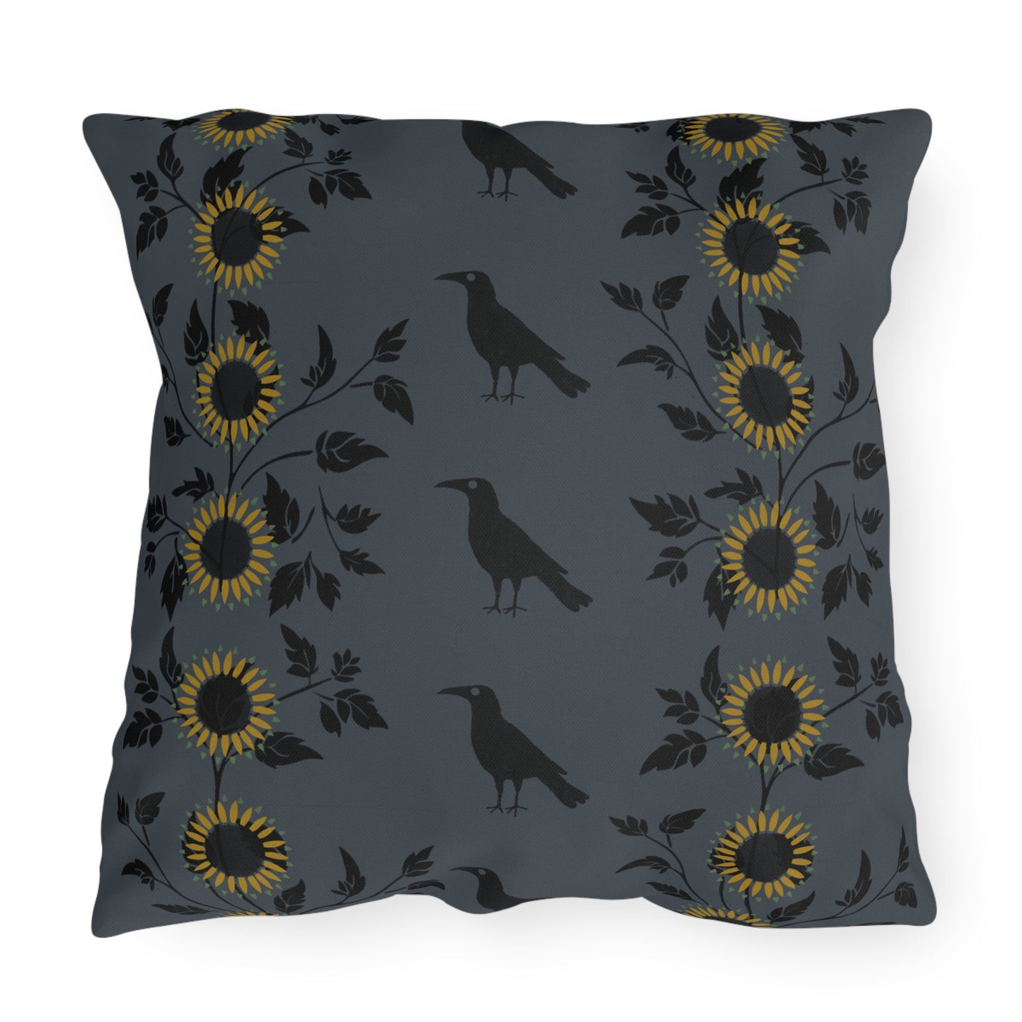 Sunflowers and Crows on Blue Outdoor Pillows
