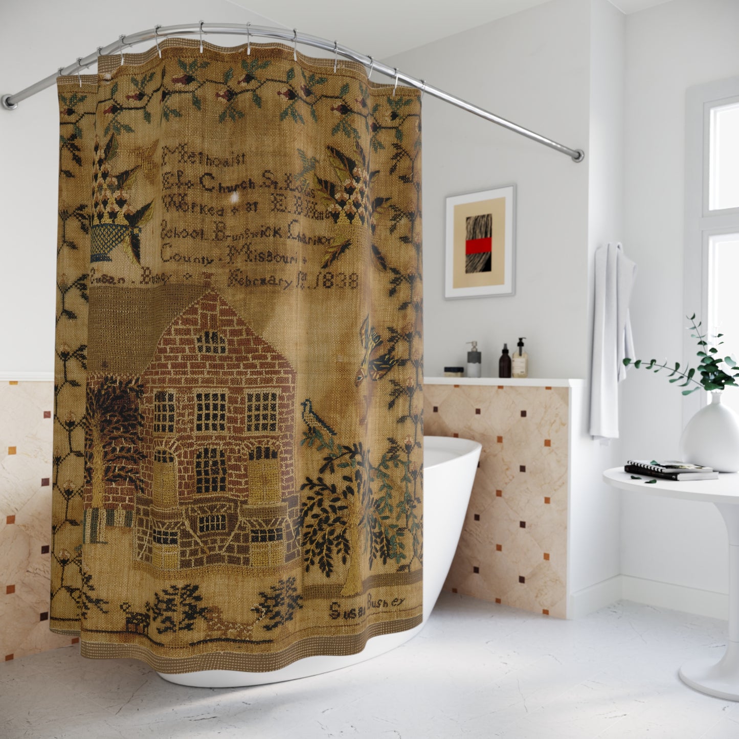 Vintage-Inspired Shower Curtain with Folk Art Design