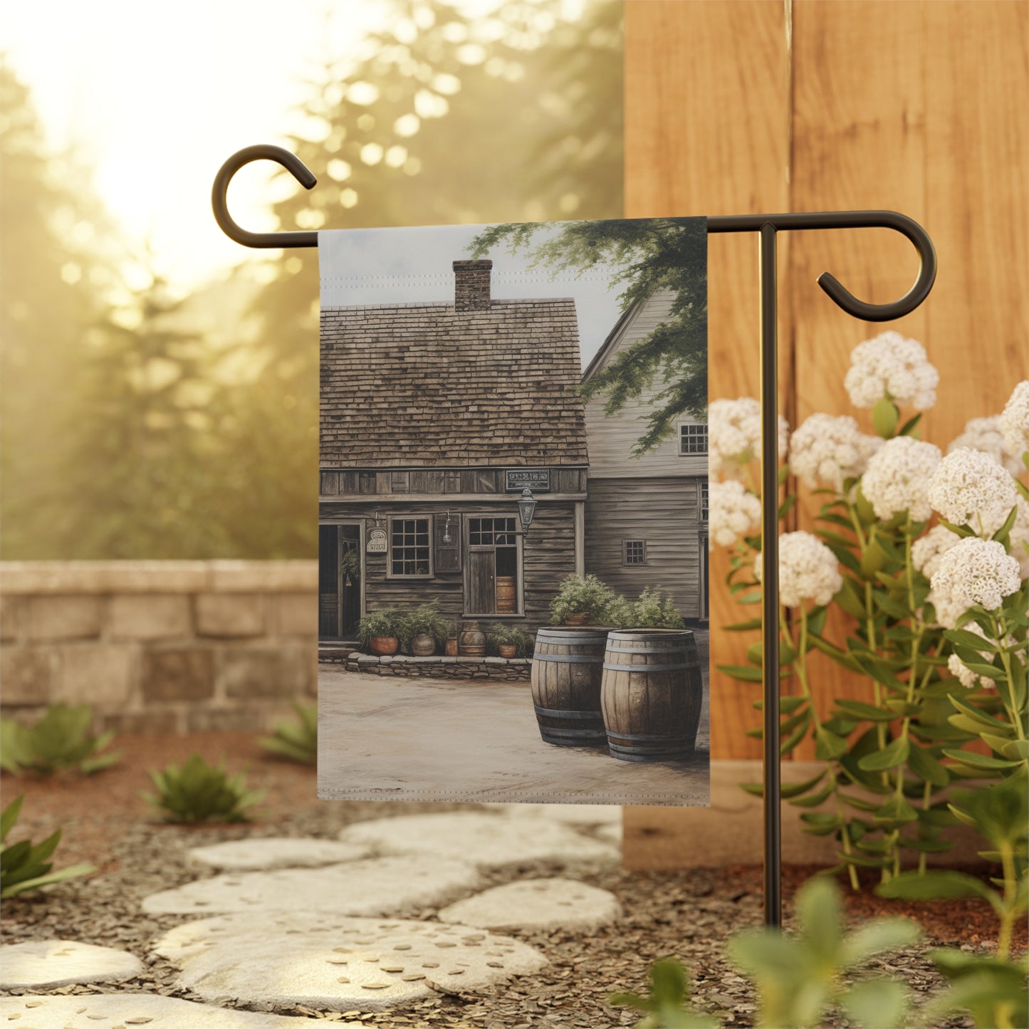 Barrels by an Old Village Garden & House Banner