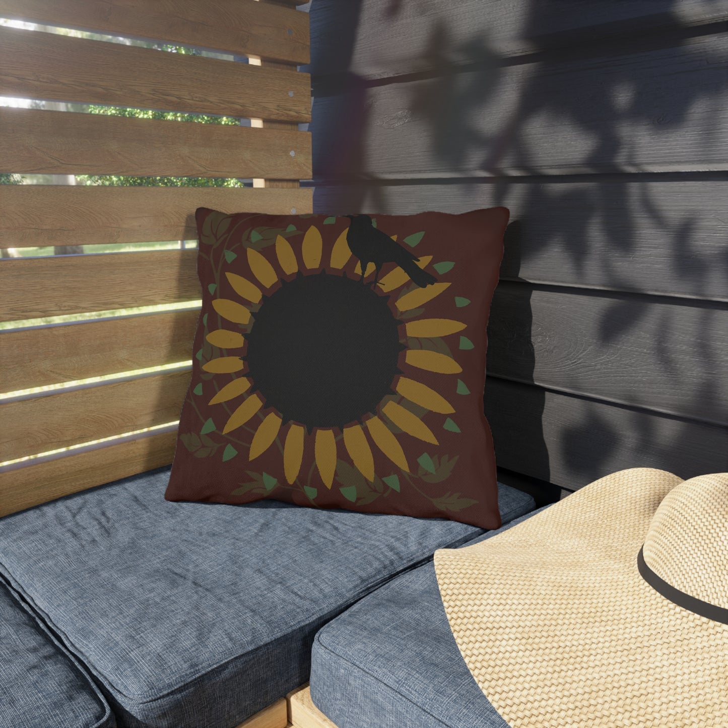 Crow on the Sunflower Red Background Outdoor Pillows