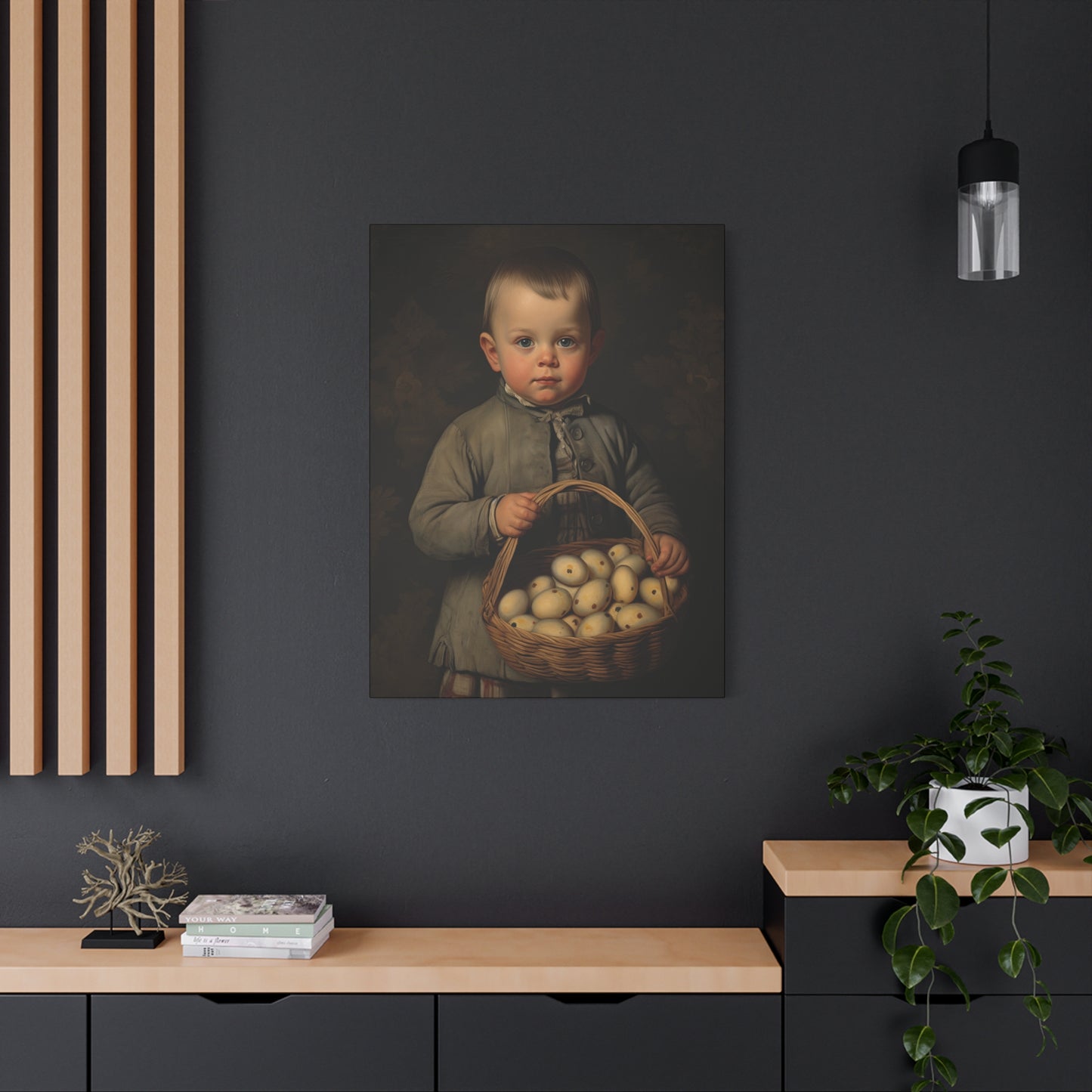 Boy with Eggs Whimsical Child Portrait Canvas Art - Vintage Decor for Home