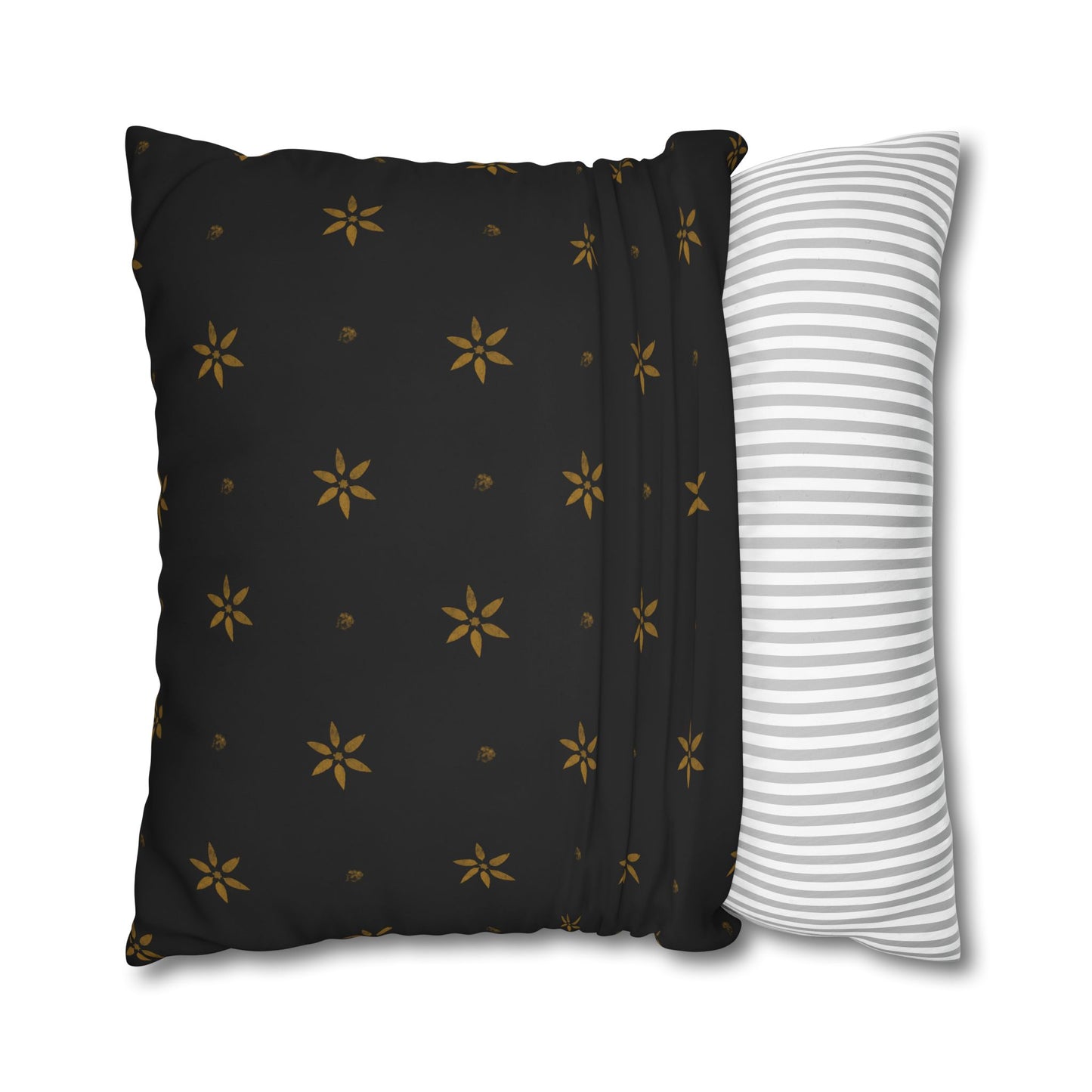 Stencilled Mustard Petals on Black Square Poly Canvas Pillowcase
