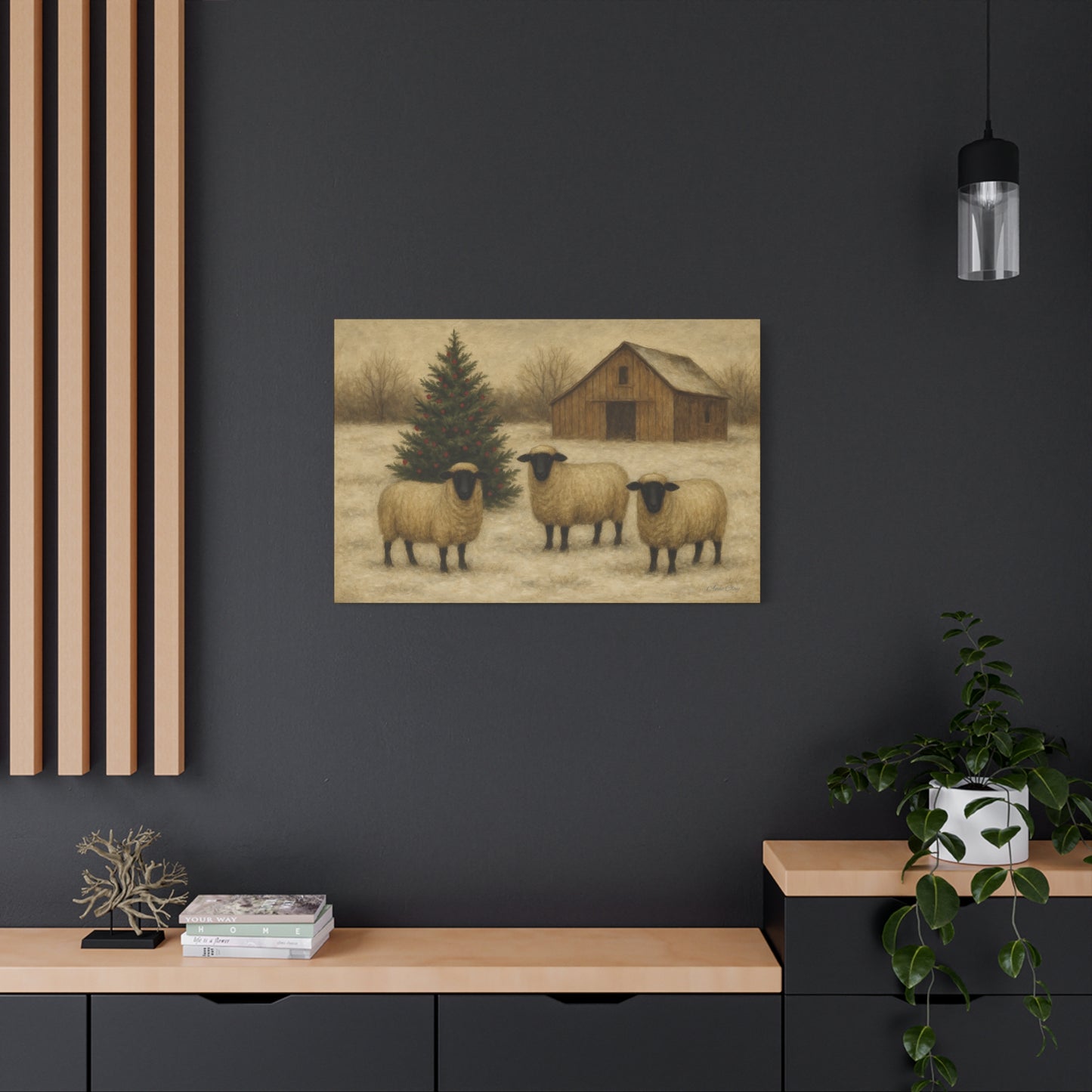 Christmas Sheep Canvas Wall Art, Holiday Decor, Farmhouse Style, Rustic Artwork, Winter Home Decoration