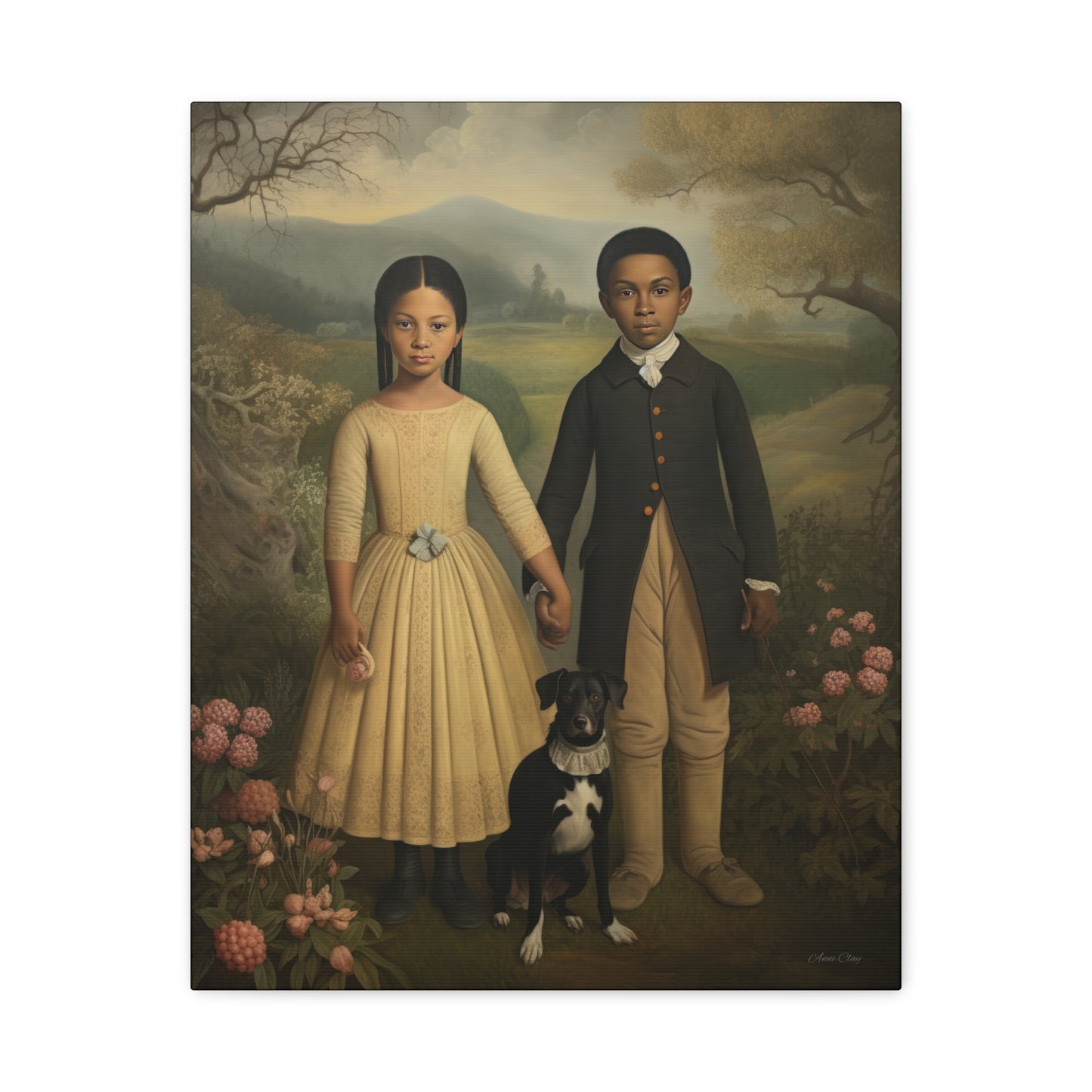 The Twins: Artistic Stretched Canvas Print - Vintage Children and Dog Portrait