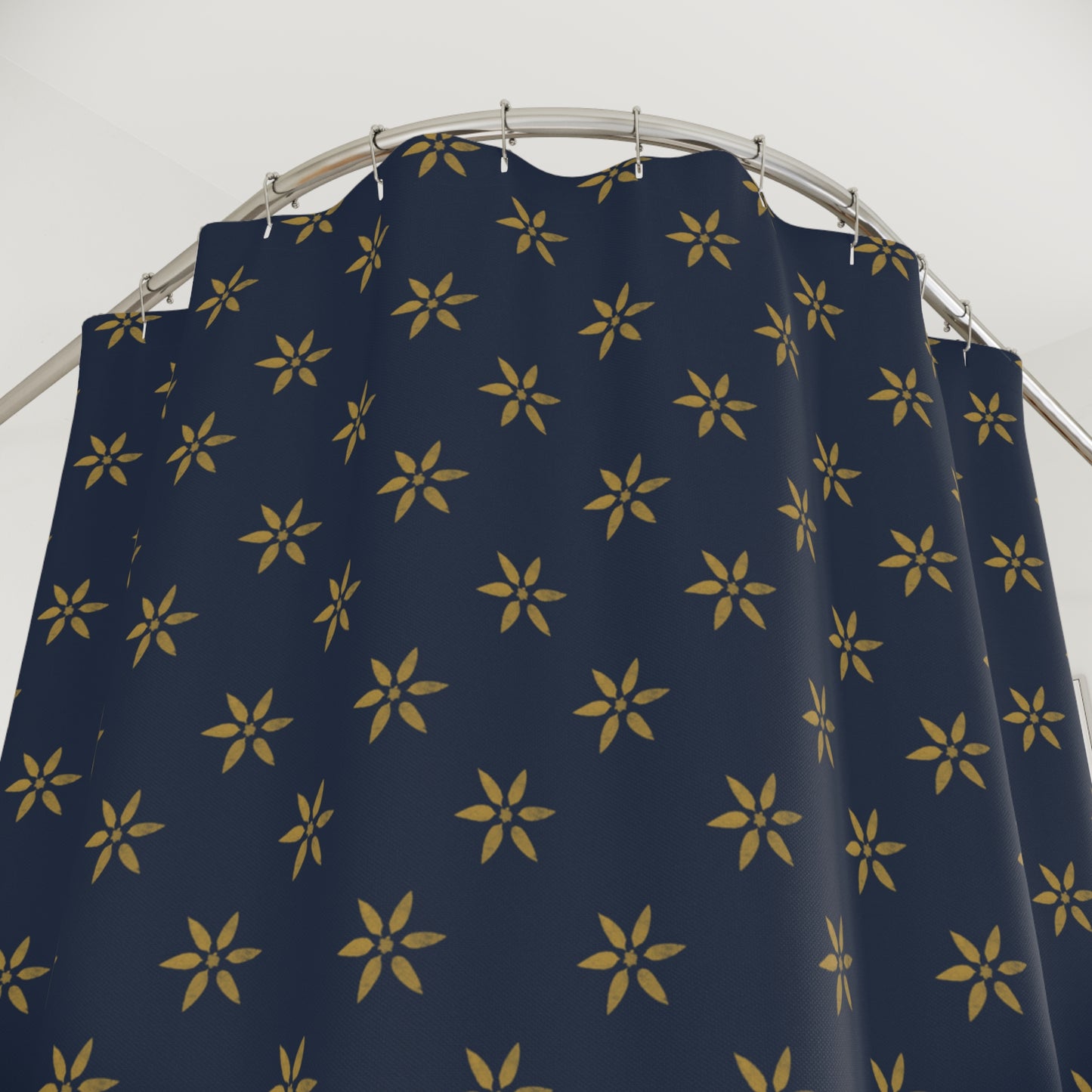 Mustard Yellow on True Blue Flower Stencil Shower Curtains