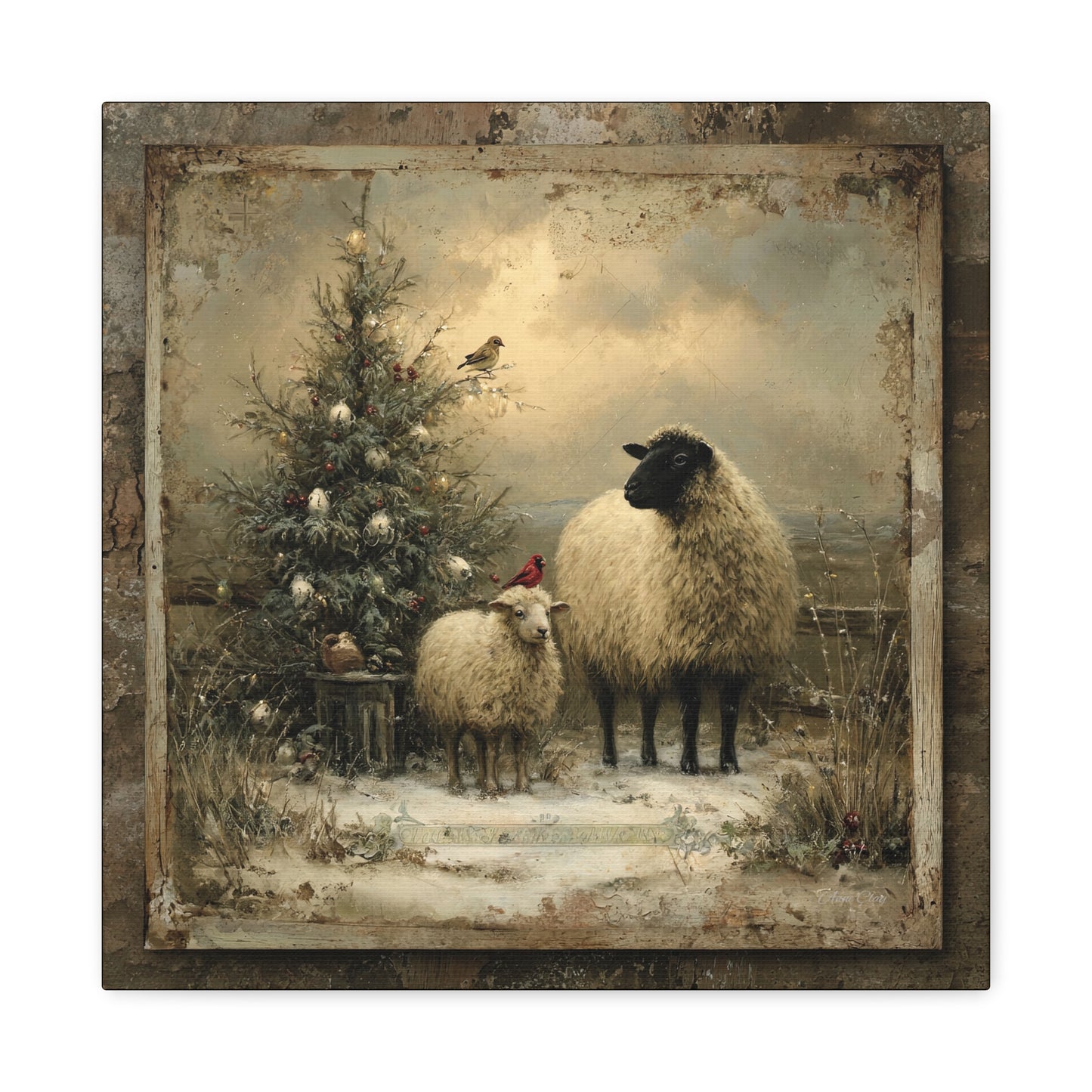 Rustic Sheep Art Canvas Print, Farmhouse Decor, Holiday Wall Art, Cozy Home Vibe, Christmas Sheep Painting, Farmhouse Wall Art