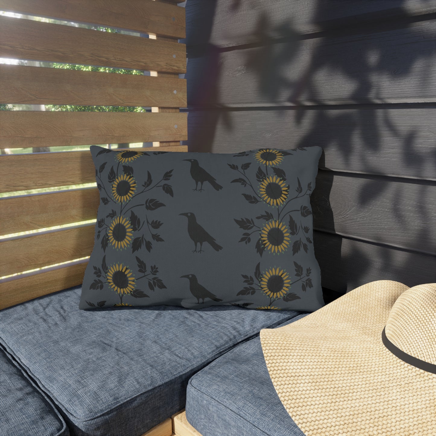 Sunflowers and Crows on Blue Outdoor Pillows