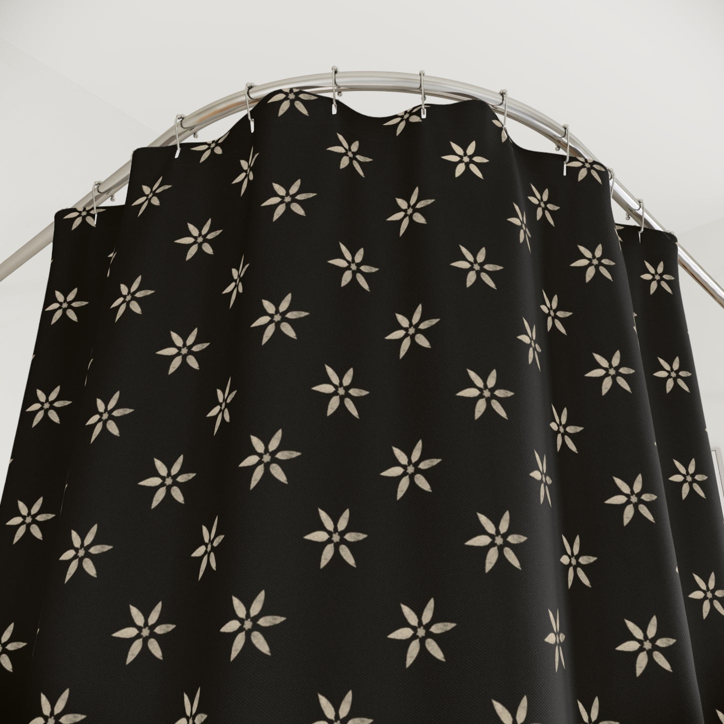 Cream on Black Elegant Early American Stencil Floral Shower Curtain - Chic Bathroom Decor