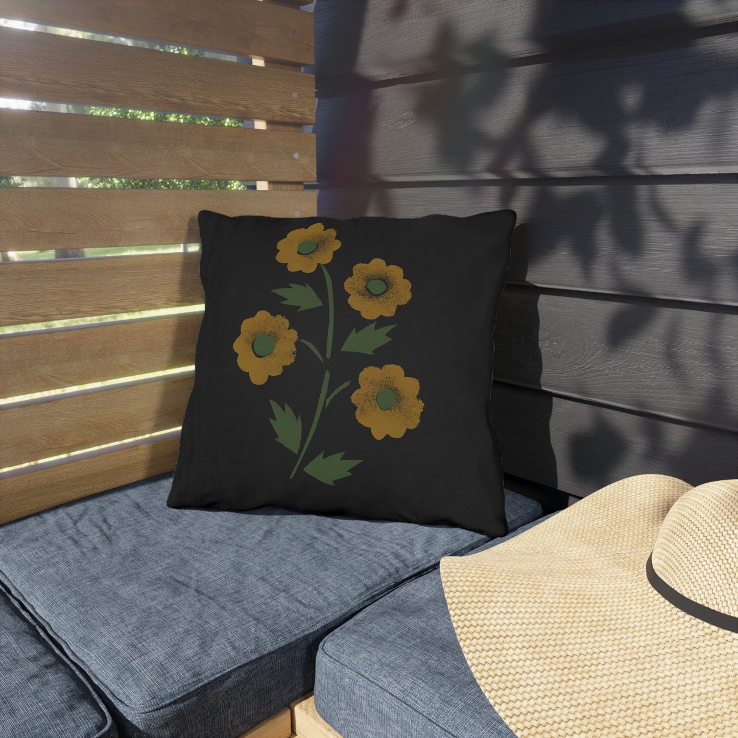 Stencil Flowers on Black Outdoor Pillows