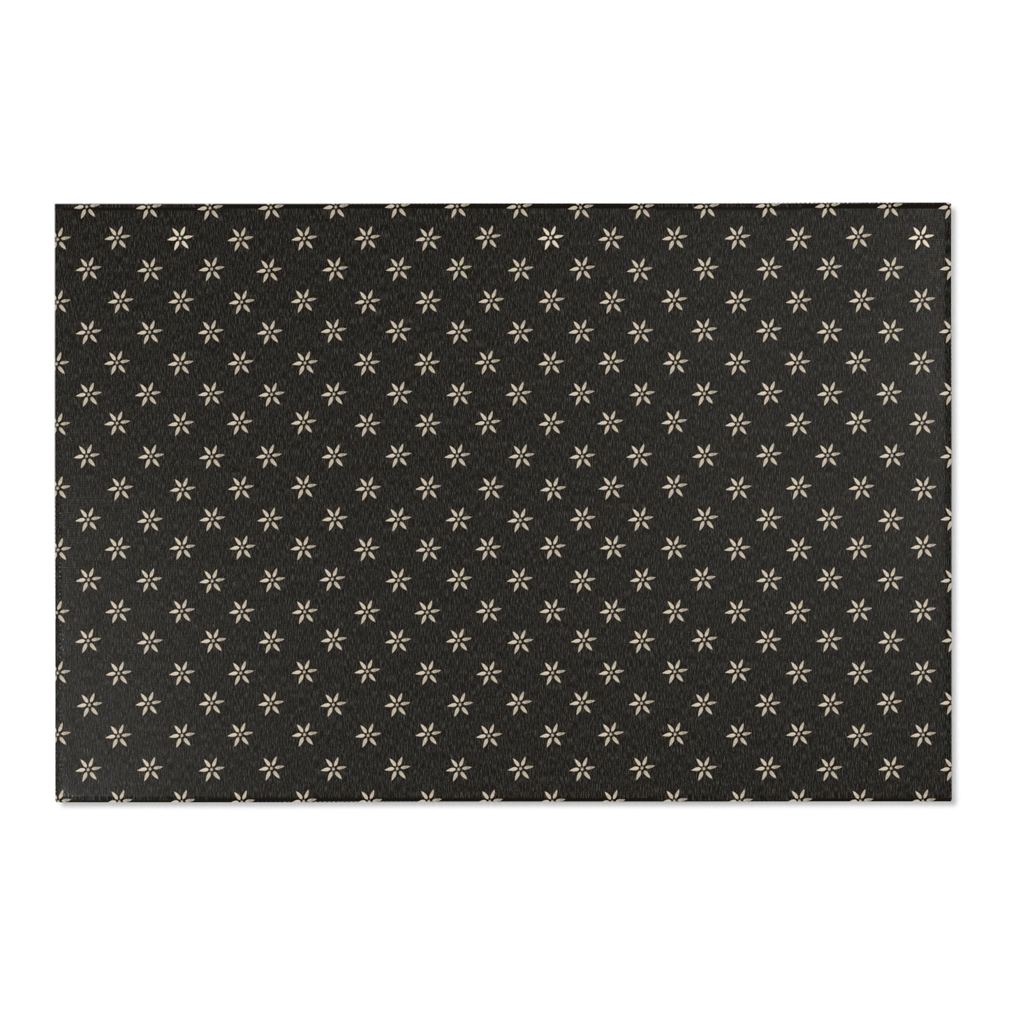 Cream Petal Stencil on Black Stylish Floral Area Rug, Boho Home Decor, Modern Living Room Accent, Vintage Area Mat,